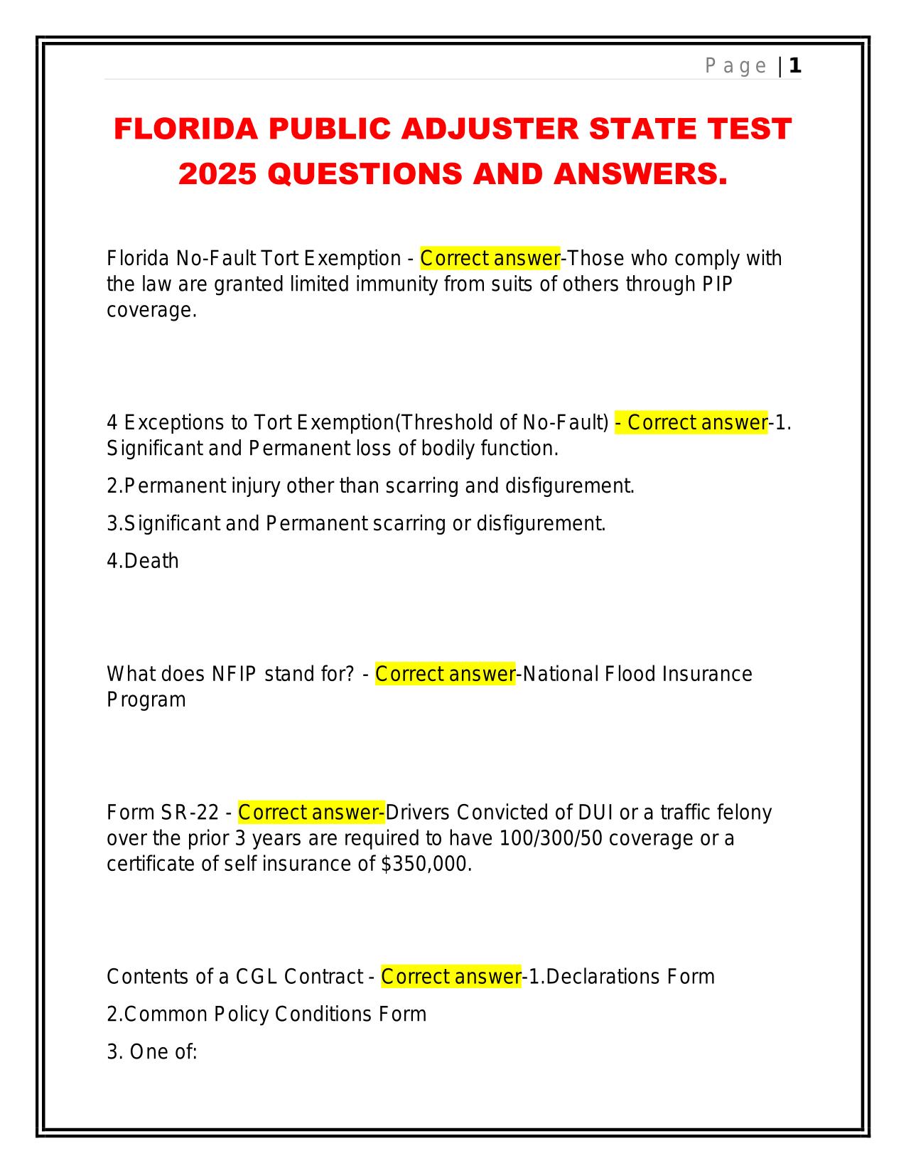 FLORIDA PUBLIC ADJUSTER STATE TEST 2025 QUESTIONS AND ANSWERS.