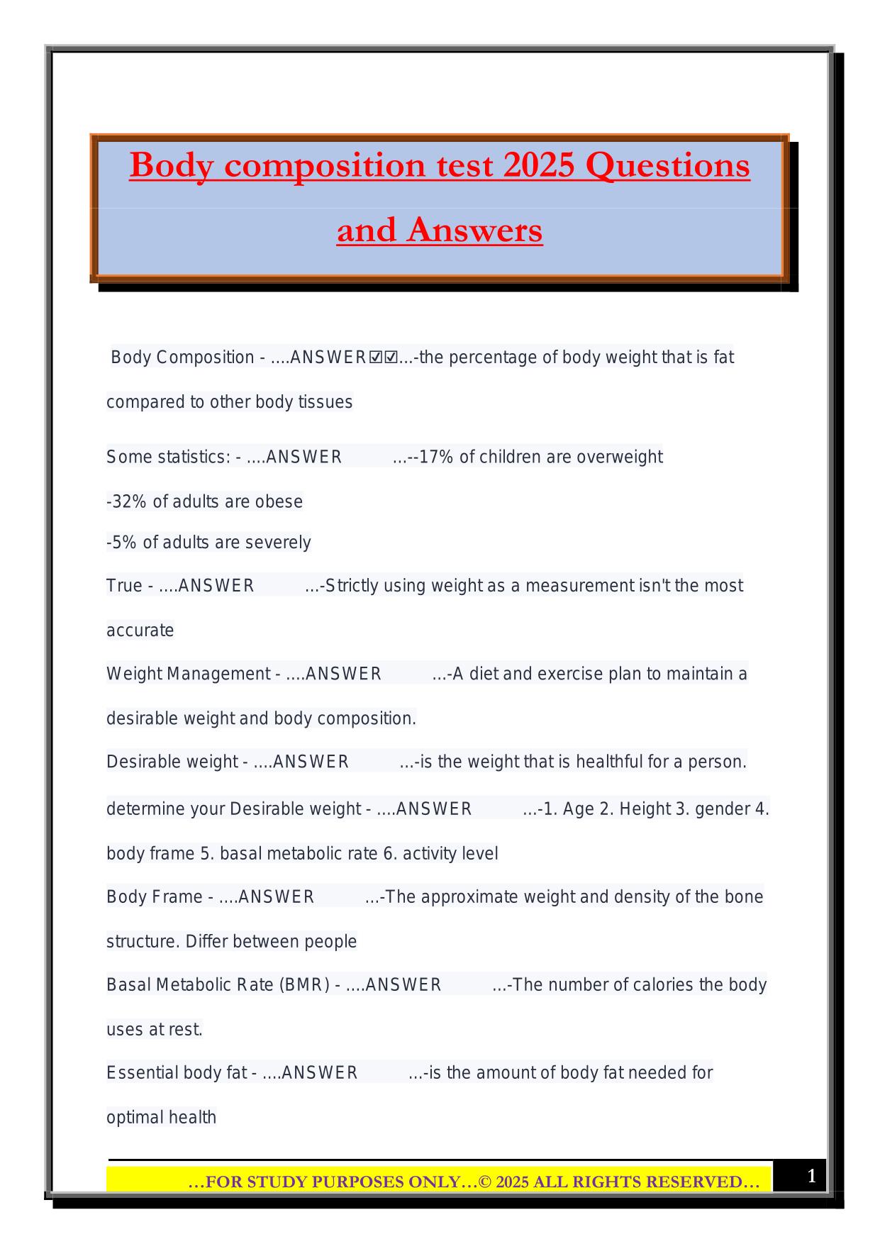 Army Body Composition Program Bundled Exams 2025/2026 |Questions and Answers|100% Pass