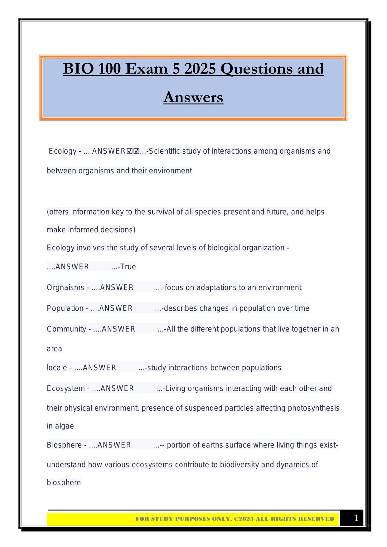 BIO 100 Exam 5 2025 Questions and Answers