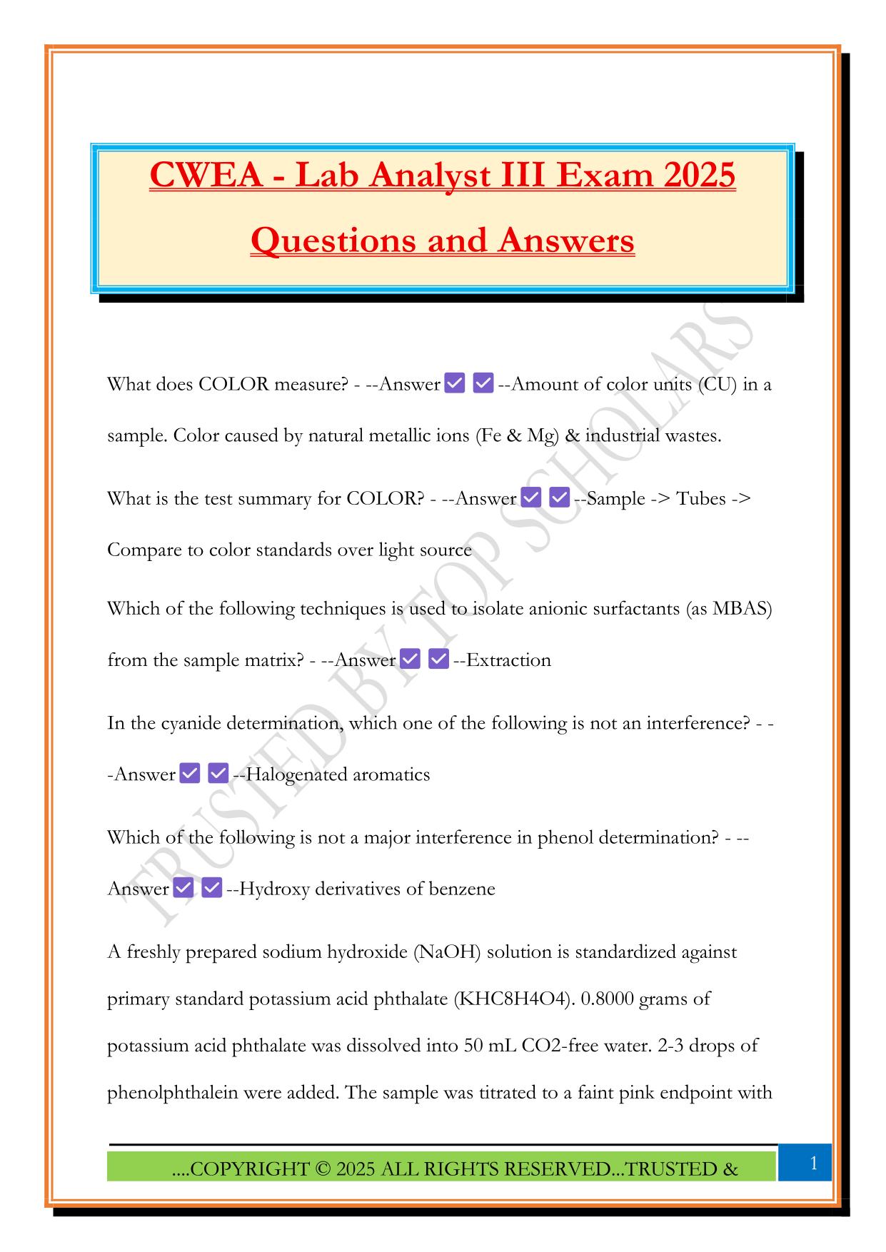 CWEA - Lab Analyst III Exam 2025 Questions and Answers