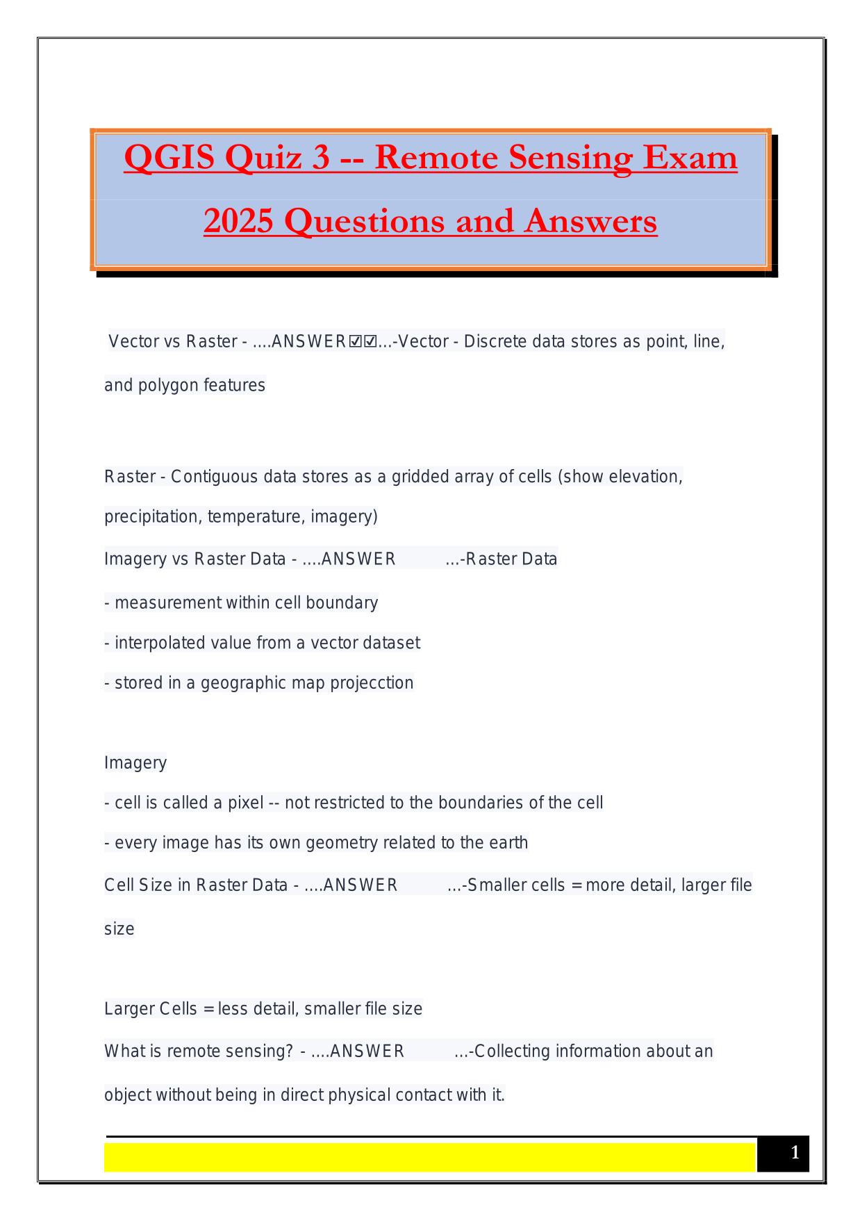 QGIS Quiz 3 -- Remote Sensing Exam 2025 Questions and Answers