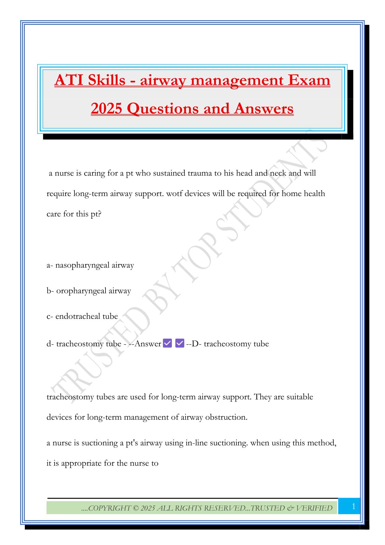 ATI Skills - airway management Exam 2025 Questions and Answers