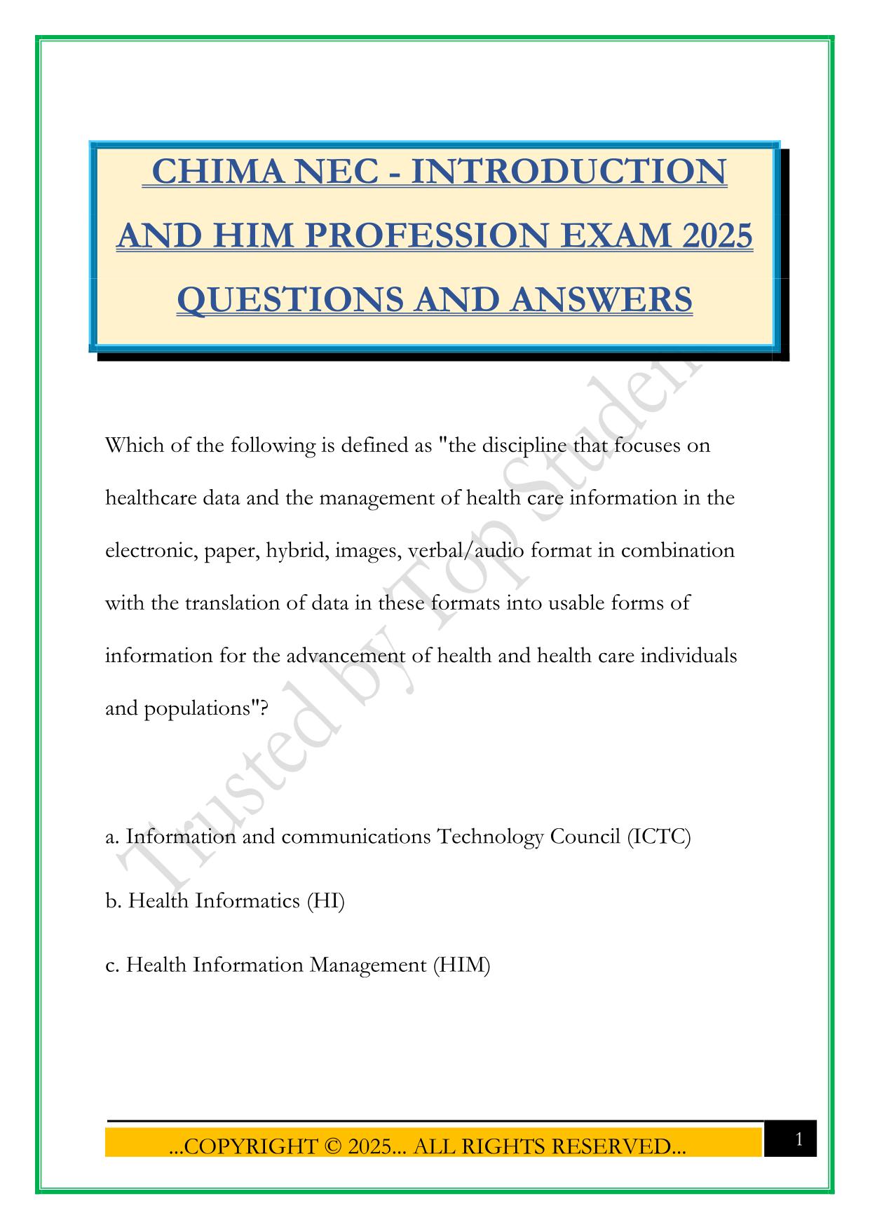 CHIMA NEC - INTRODUCTION AND HIM PROFESSION EXAM 2025 QUESTIONS AND ANSWERS