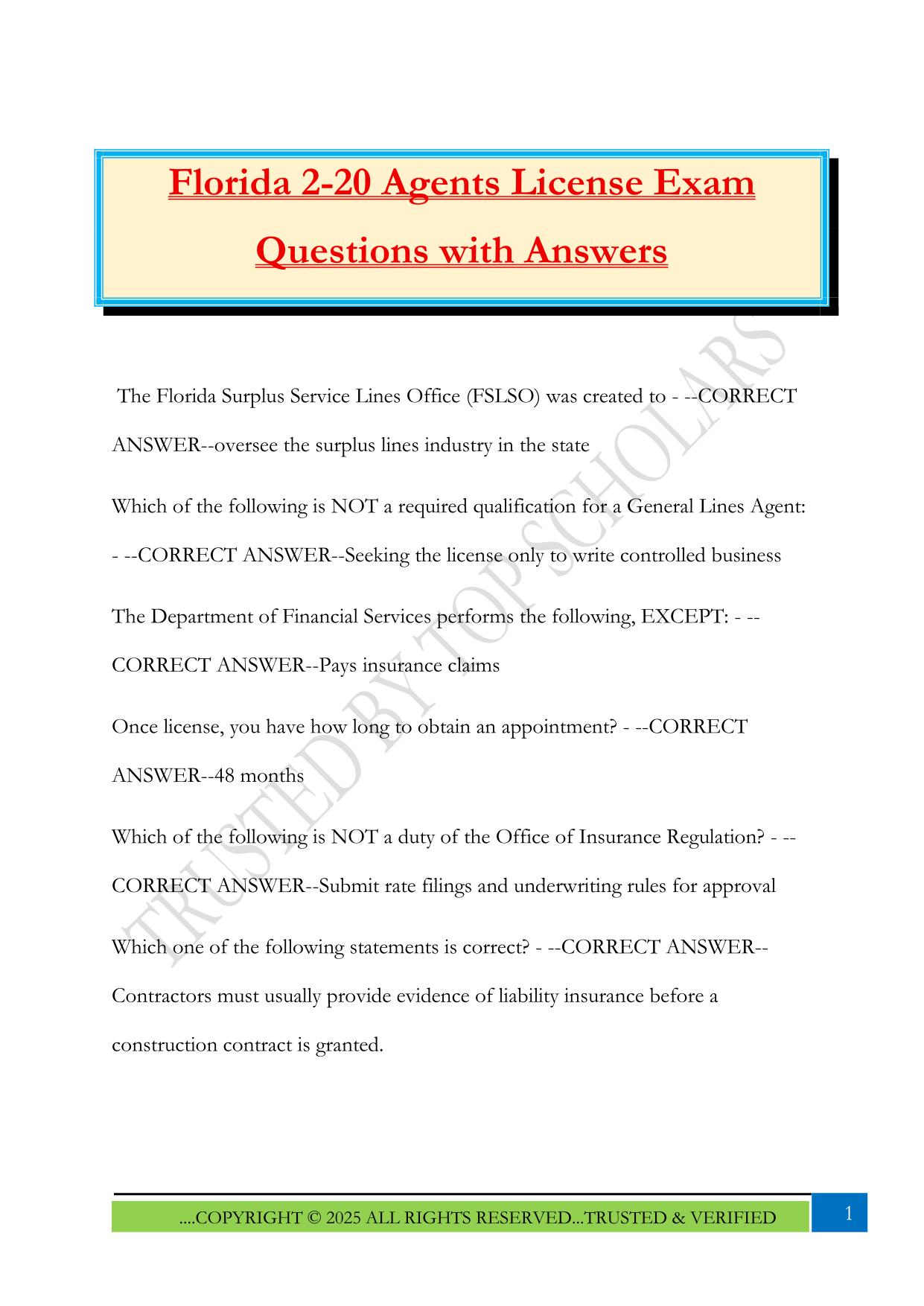 Florida 2-20 Agents License Exam Questions with Answers
