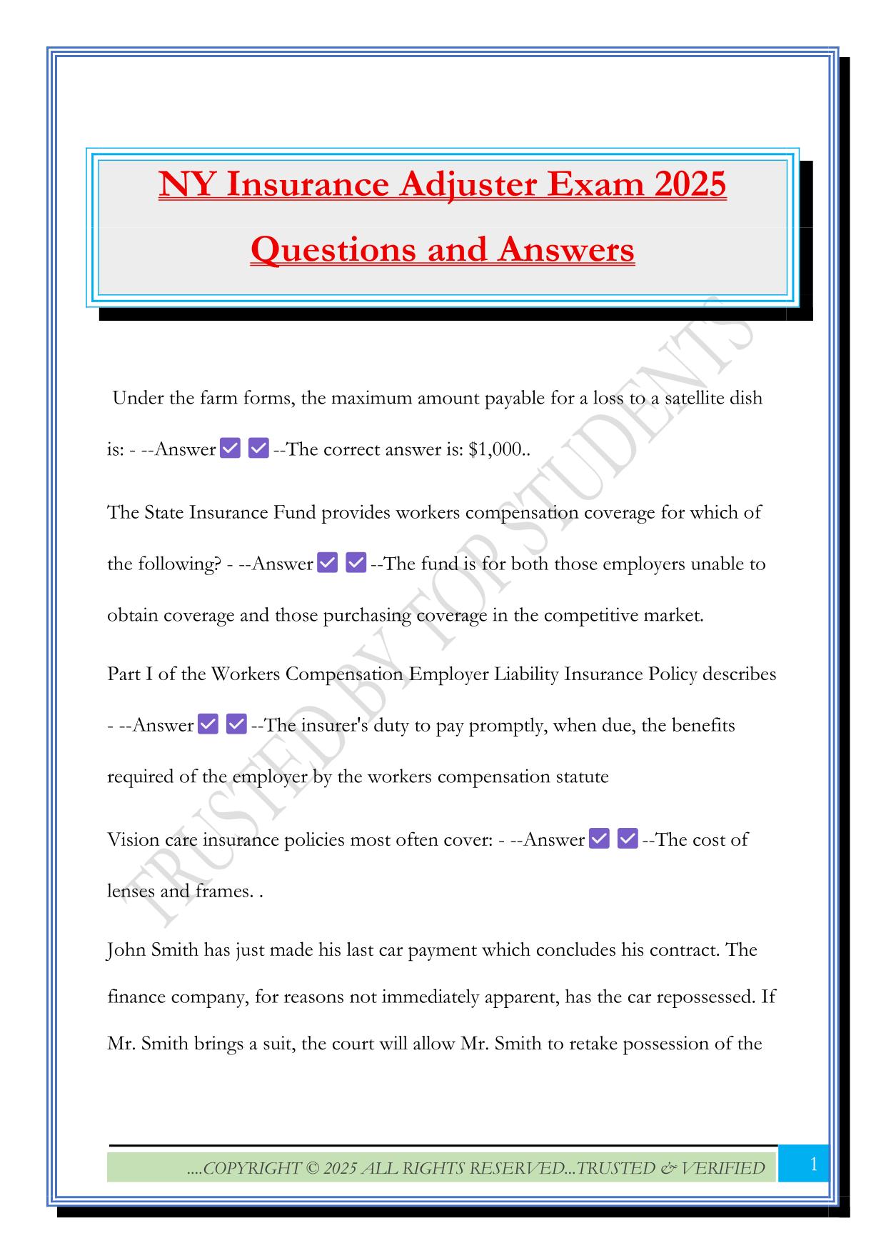 NY Insurance Adjuster Exam 2025 Questions and Answers
