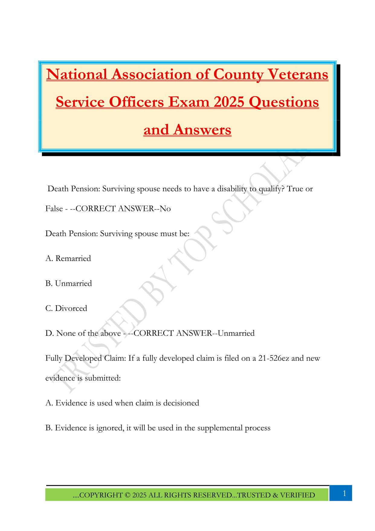 National Association of County Veterans Service Officers Exam 2025 Questions and Answers