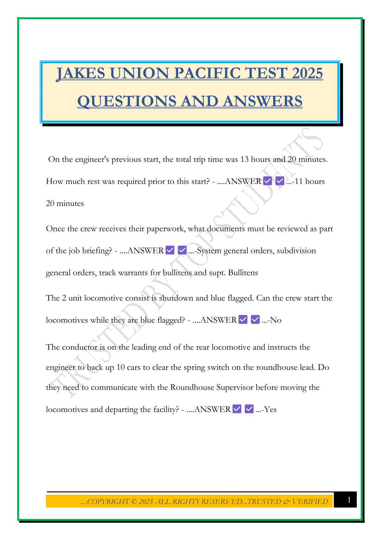 JAKES UNION PACIFIC TEST 2025 QUESTIONS AND ANSWERS