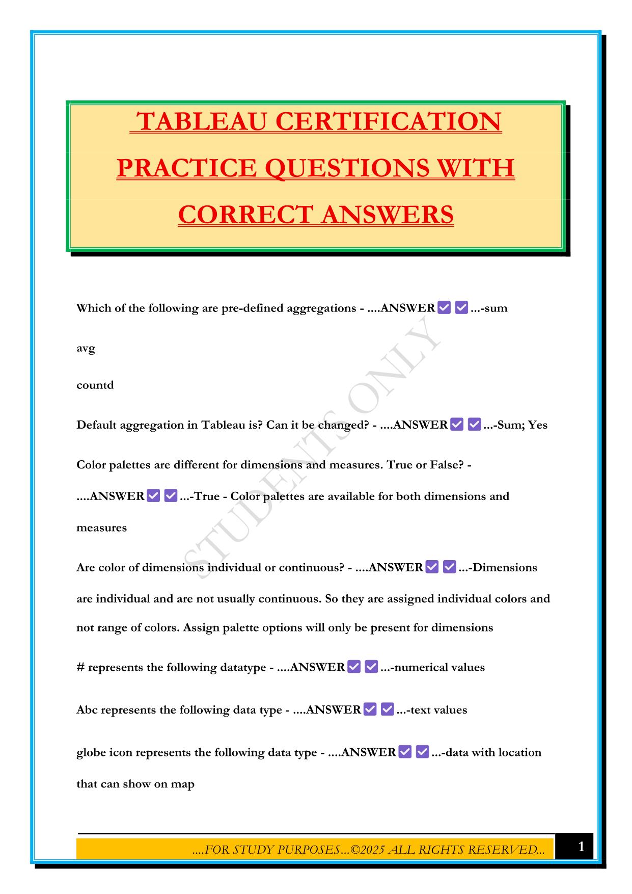TABLEAU Bundled Exams 2025/2026 |Questions and Answers |100% Pass