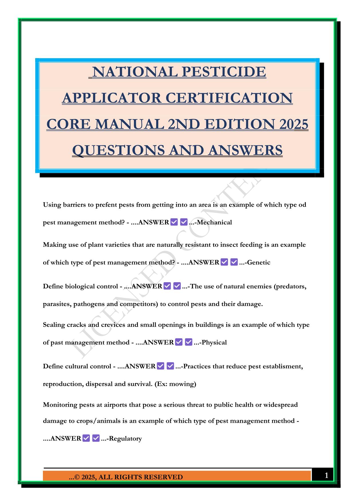 NATIONAL PESTICIDE APPLICATOR CERTIFICATION CORE MANUAL 2ND EDITION 2025 QUESTIONS AND ANSWERS
