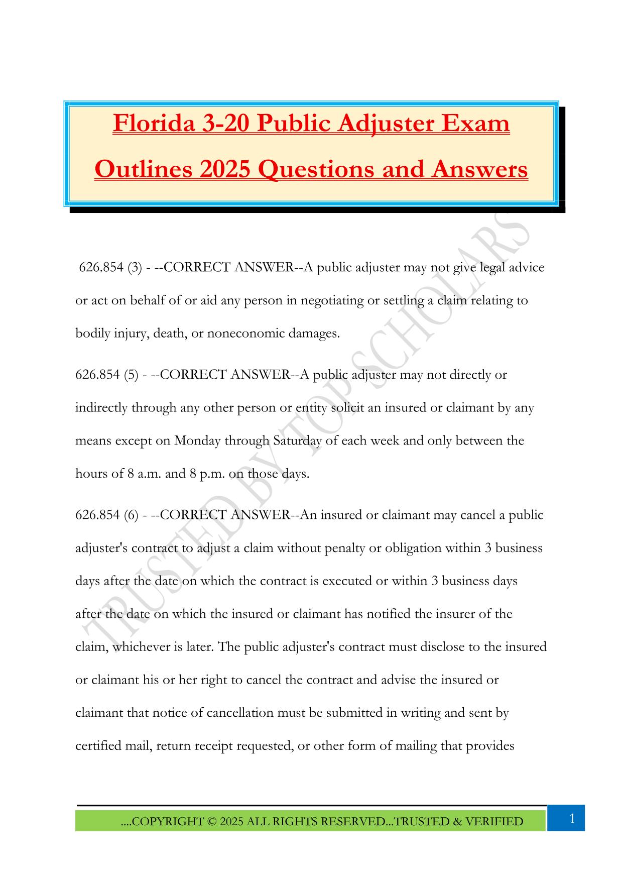 Florida 3-20 Public Adjuster Exam Outlines 2025 Questions and Answers