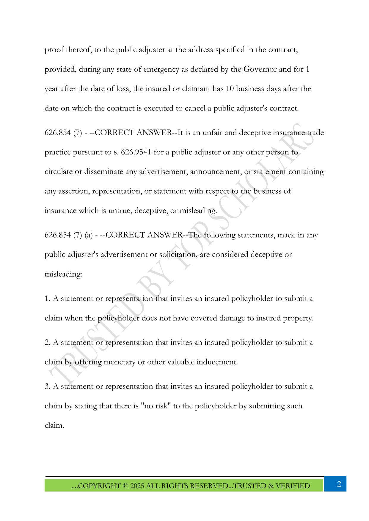 Florida 3-20 Public Adjuster Exam Outlines 2025 Questions and Answers