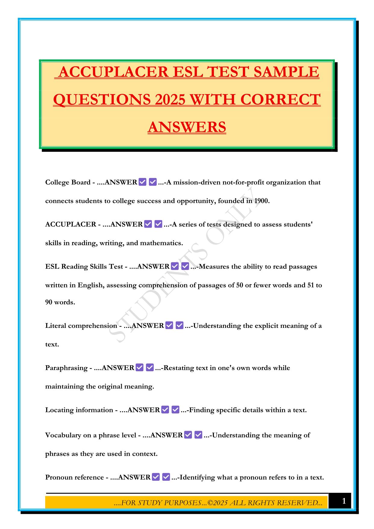 ACCUPLACER ESL TEST SAMPLE QUESTIONS 2025 WITH CORRECT ANSWERS
