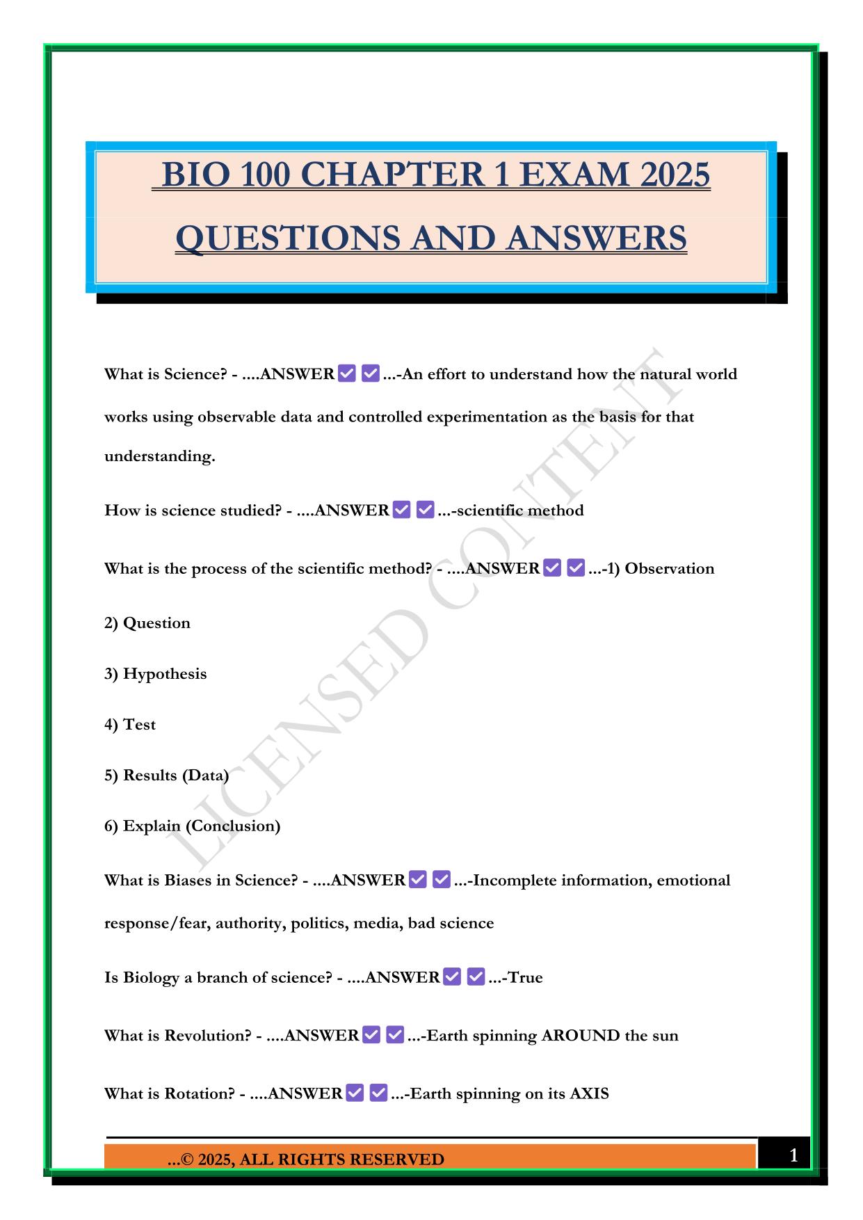 BIO 100 CHAPTER 1 EXAM 2025 QUESTIONS AND ANSWERS