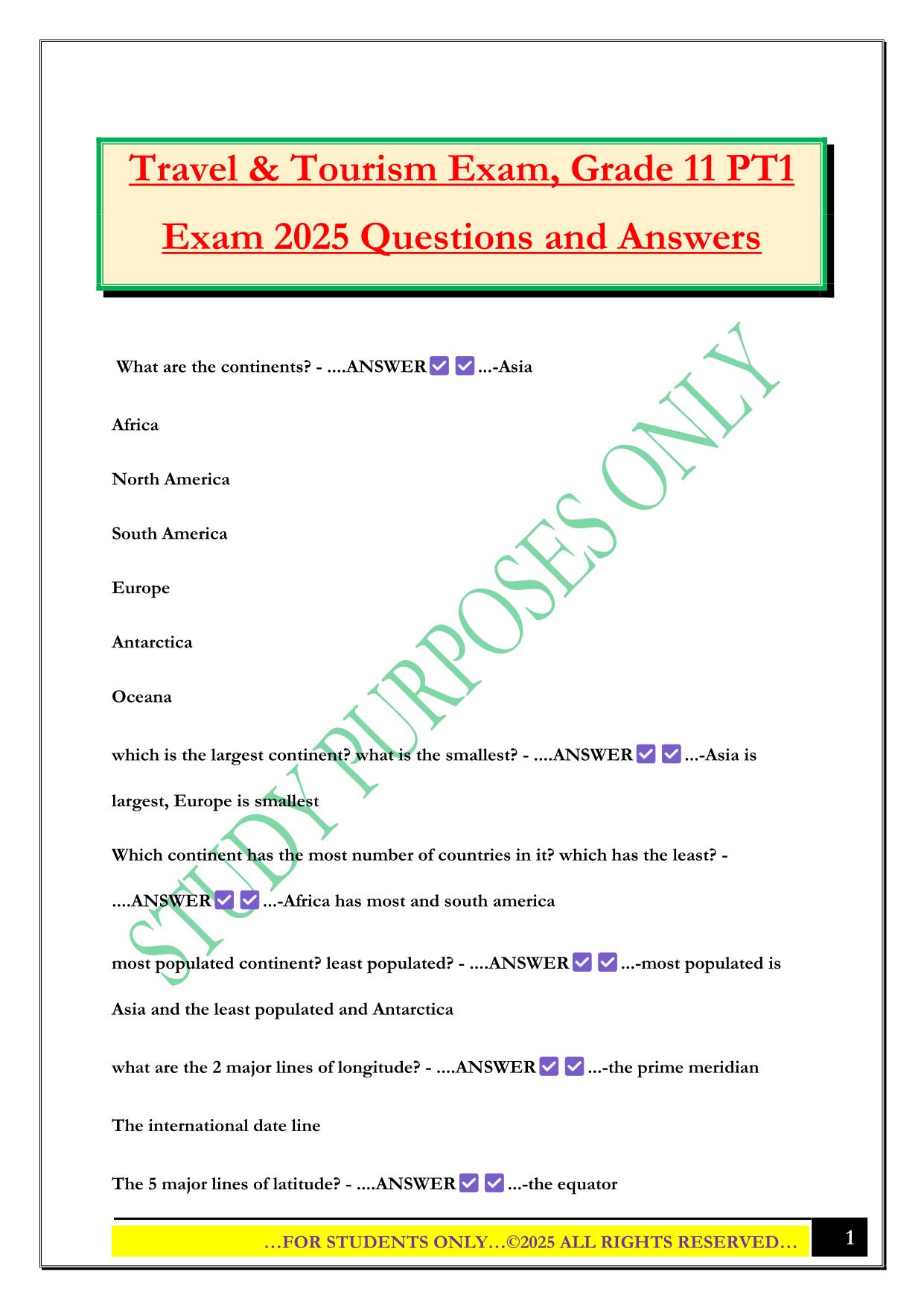 Travel and Tourism Bundled Exams 2025/2026 |Questions and Answers |100% Pass