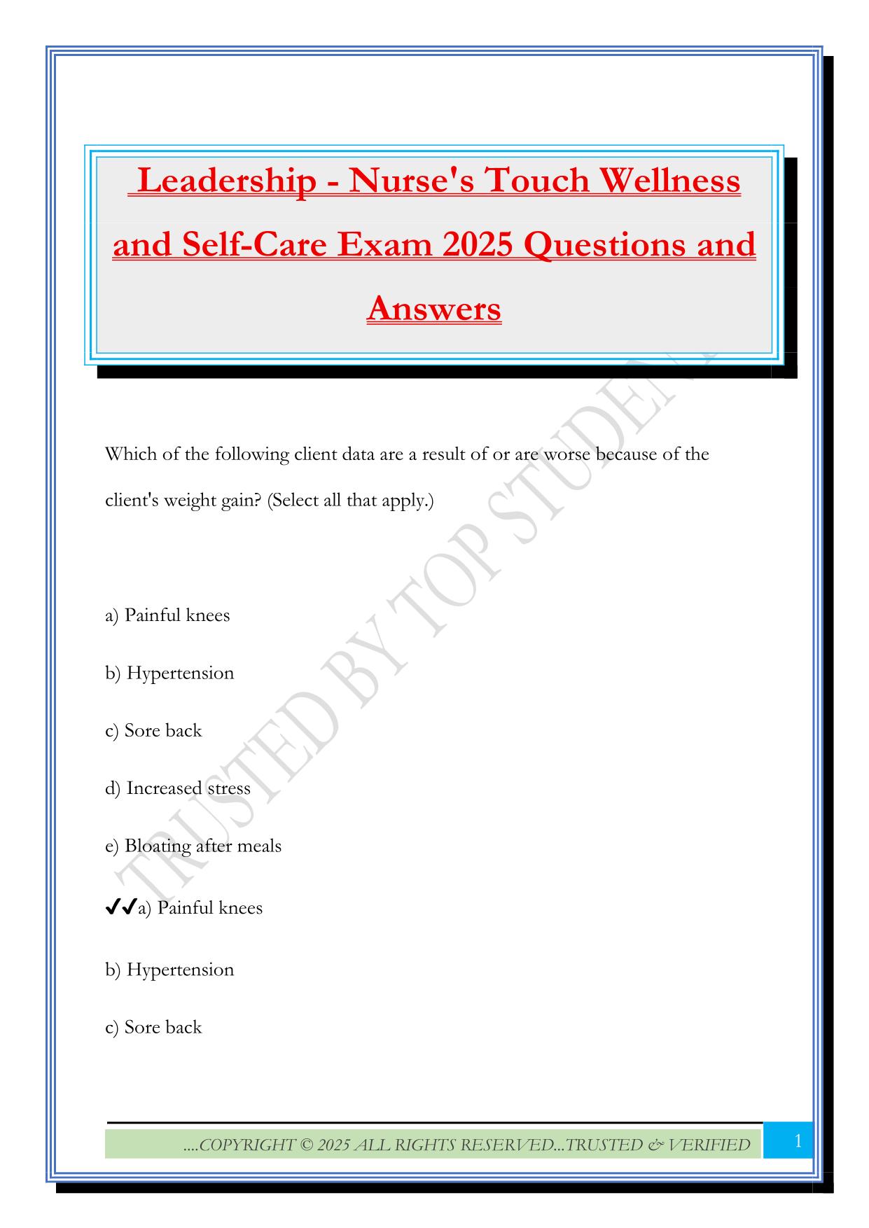 Leadership - Nurse's Touch Wellness and Self-Care Exam 2025 Questions and Answers