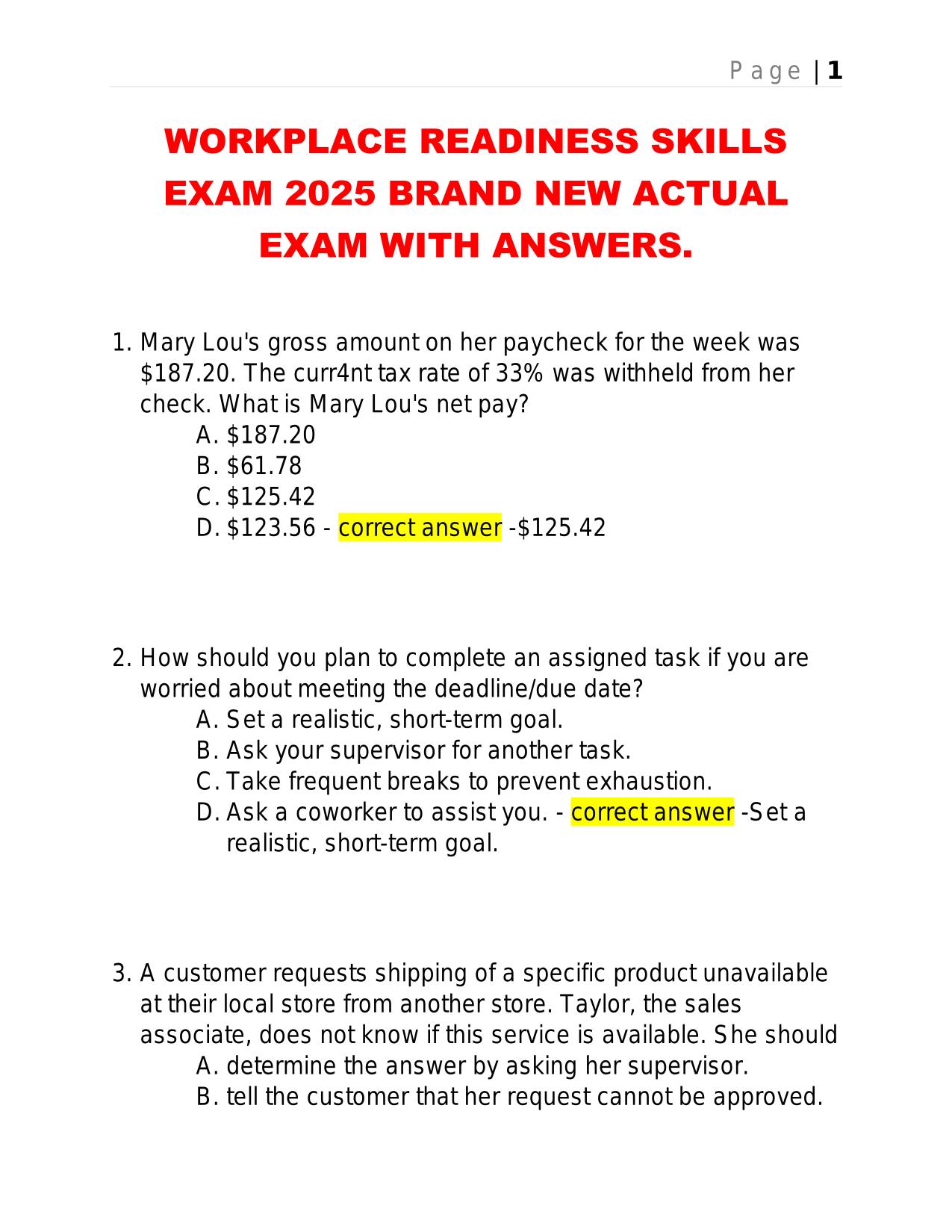 WORKPLACE READINESS SKILLS EXAM 2025 BRAND NEW ACTUAL EXAM WITH ANSWERS.