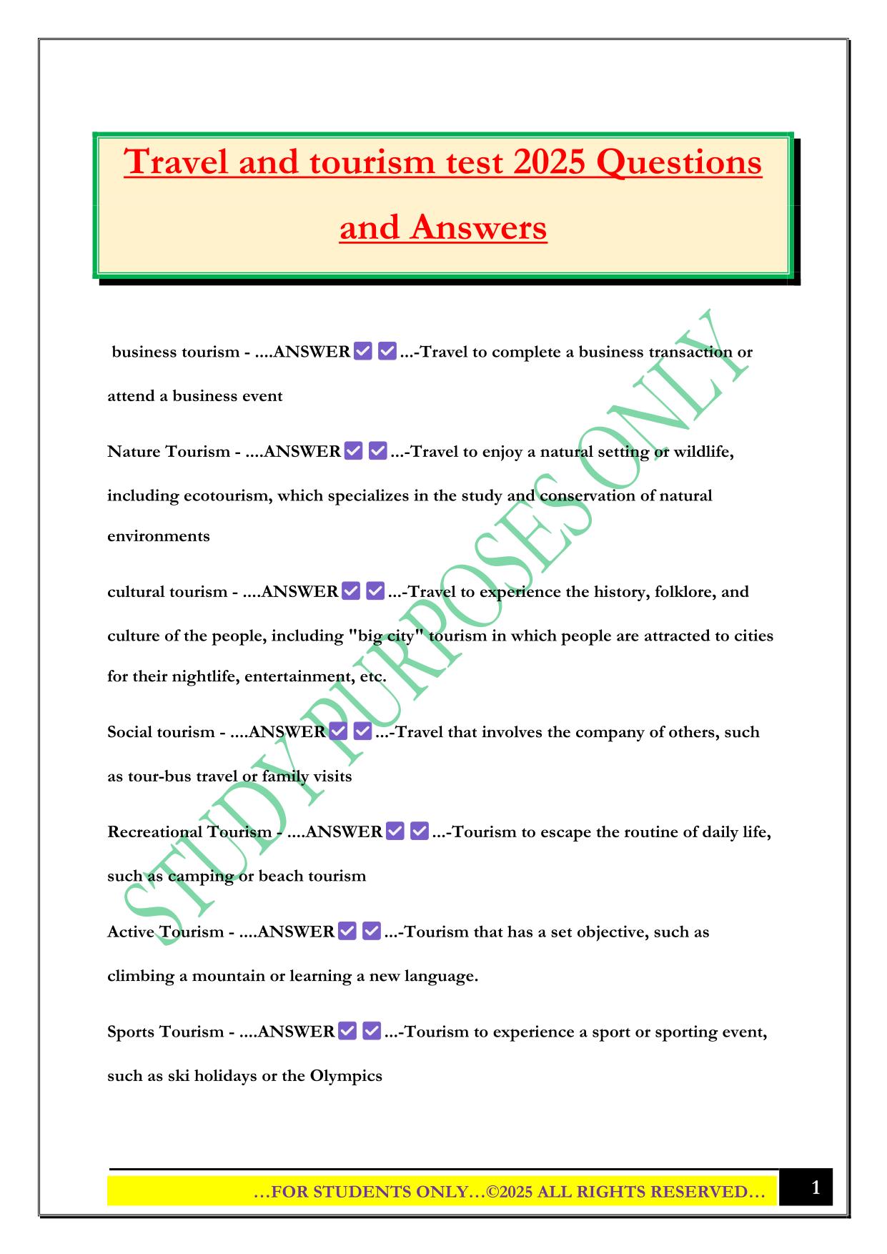Travel and tourism test 2025 Questions and Answers