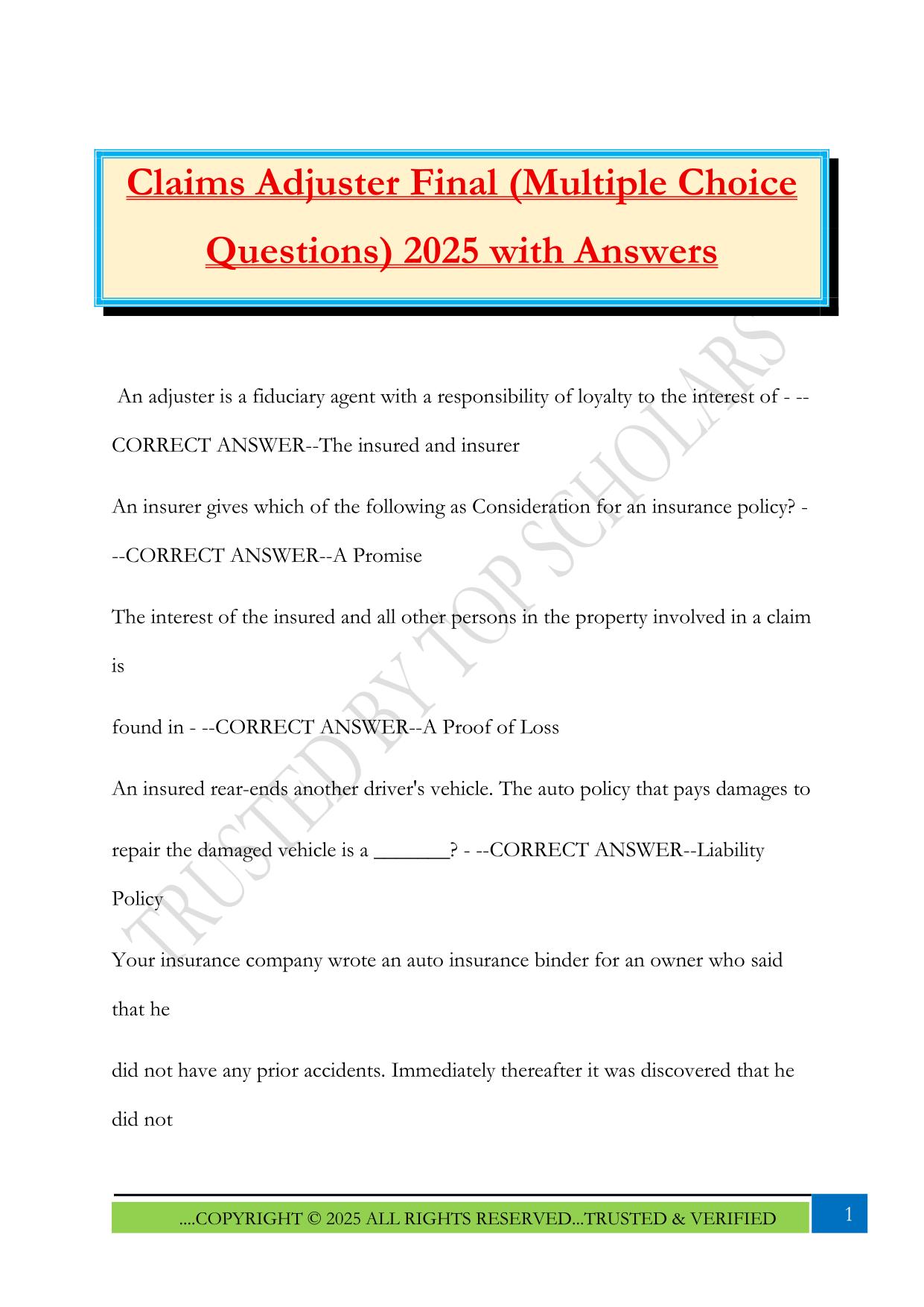 Claims Adjuster Final (Multiple Choice Questions) 2025 with Answers