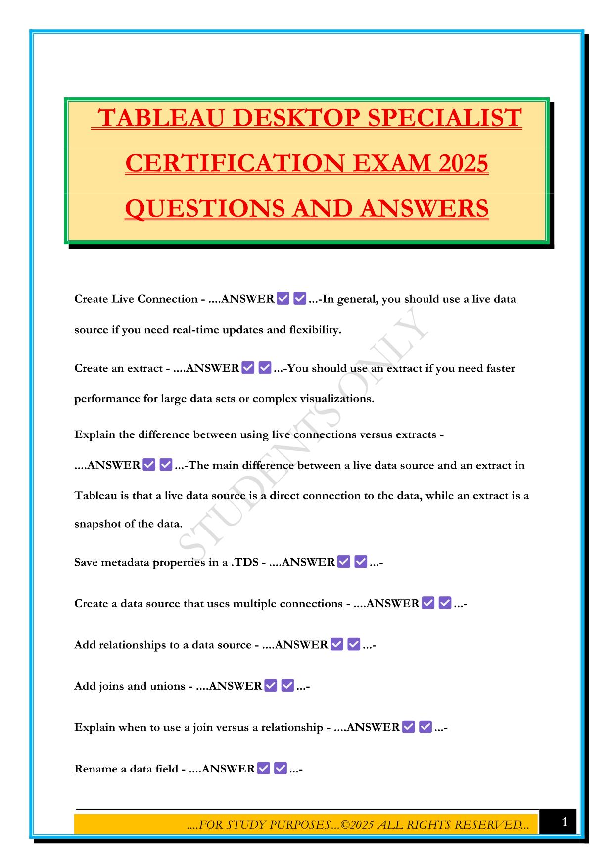 TABLEAU DESKTOP SPECIALIST CERTIFICATION EXAM 2025 QUESTIONS AND ANSWERS