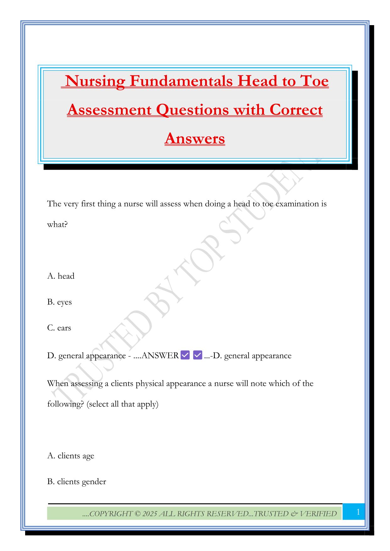 Nursing Fundamentals Head to Toe Assessment Questions with Correct Answers