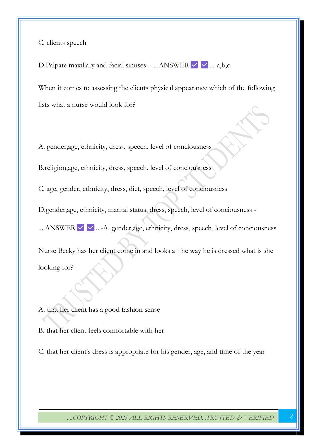 Nursing Fundamentals Head to Toe Assessment Questions with Correct Answers