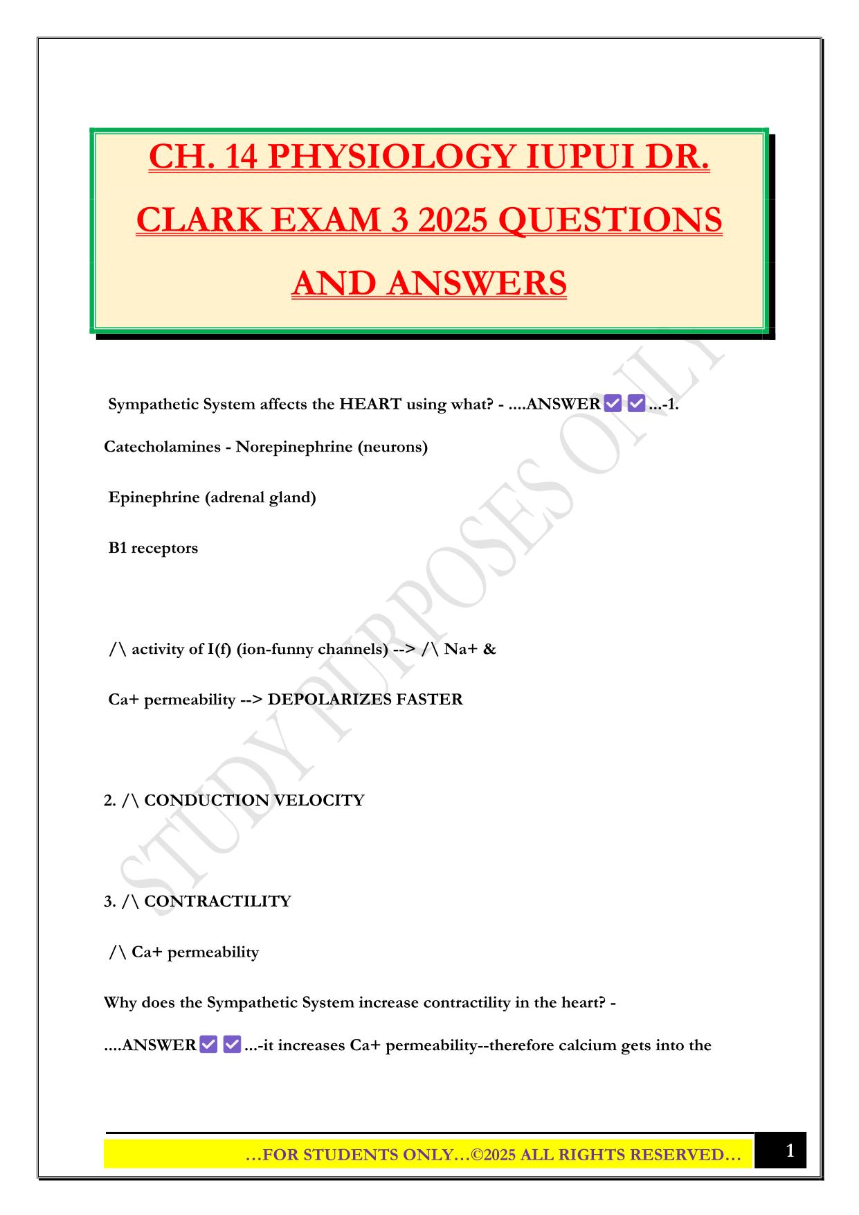 CH. 14 PHYSIOLOGY IUPUI DR. CLARK EXAM 3 2025 QUESTIONS AND ANSWERS