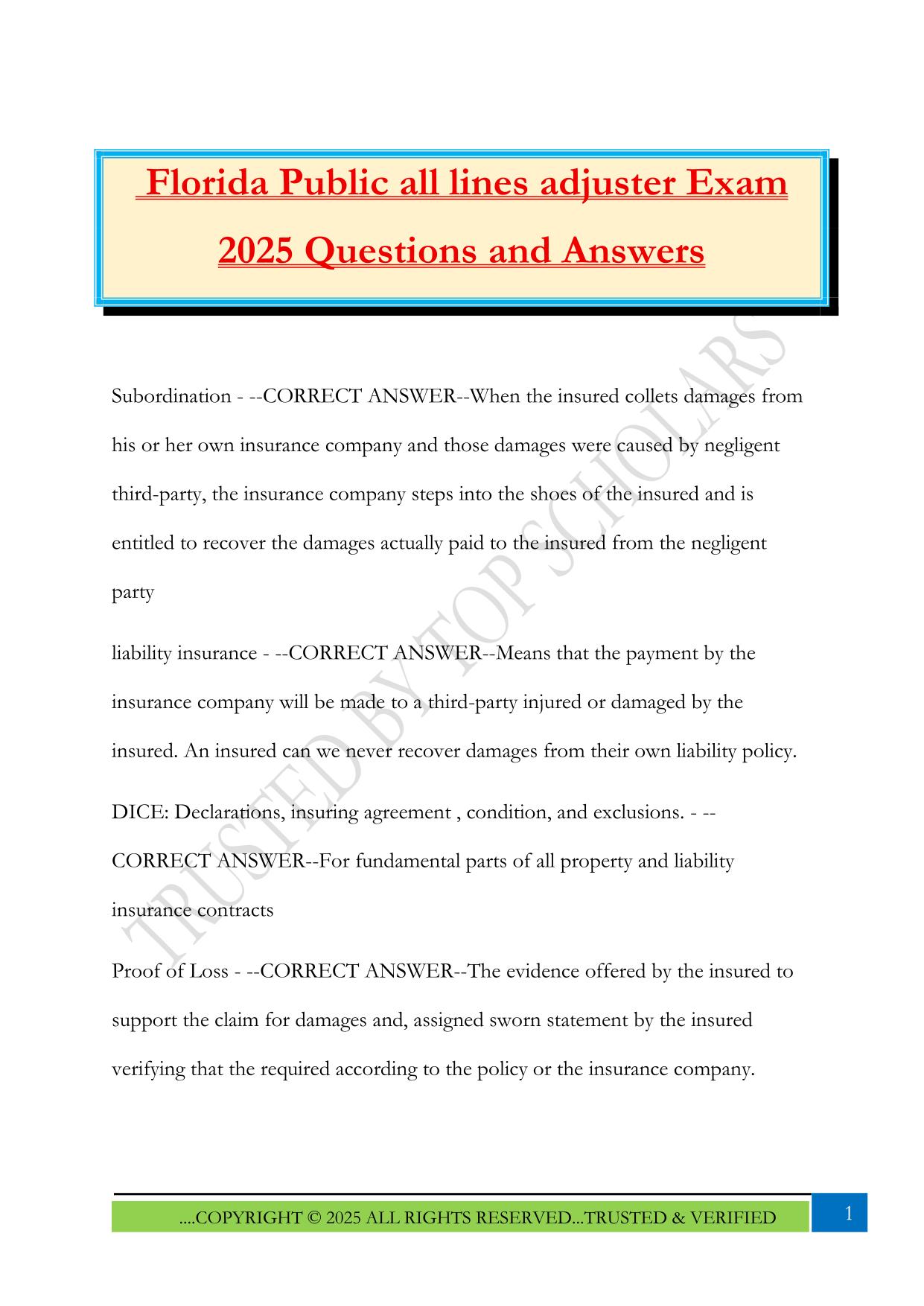 Florida Public all lines adjuster Exam 2025 Questions and Answers