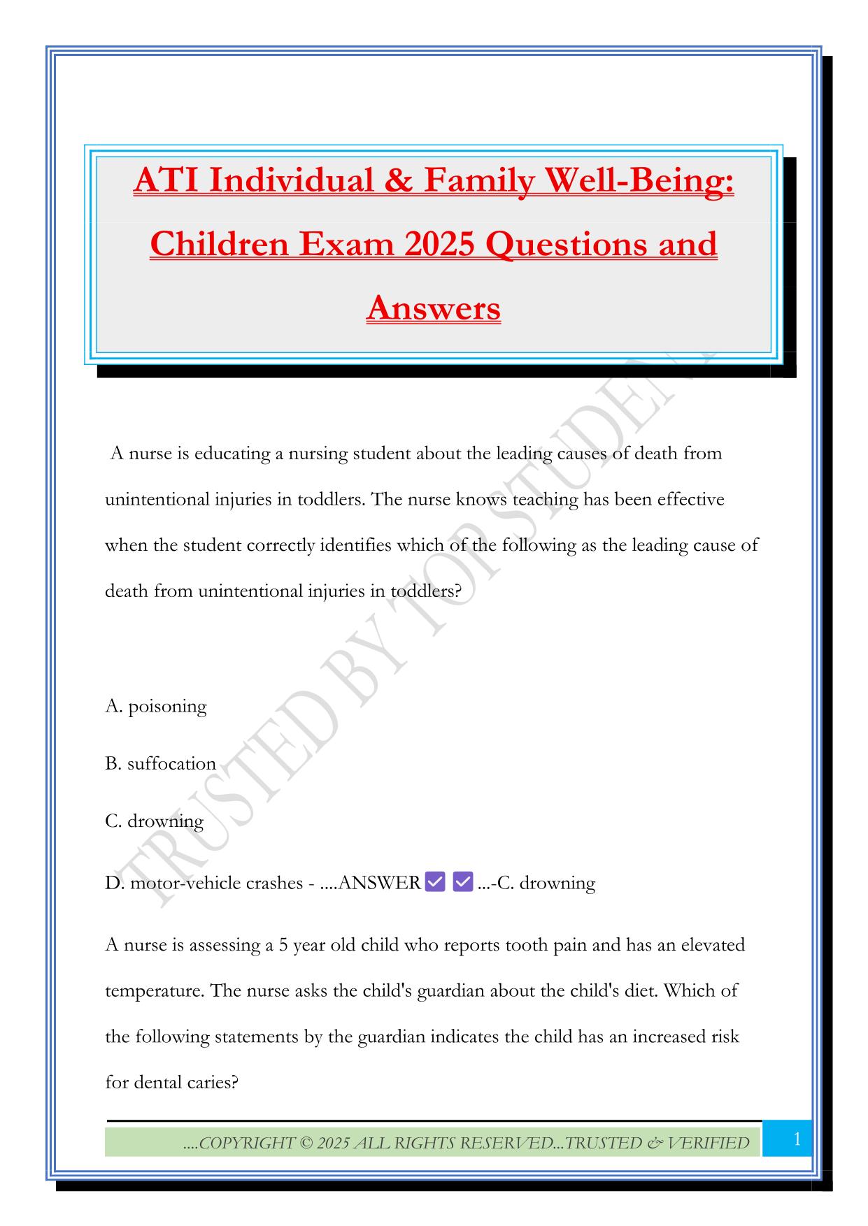 ATI Individual & Family Well-Being: Children Exam 2025 Questions and Answers