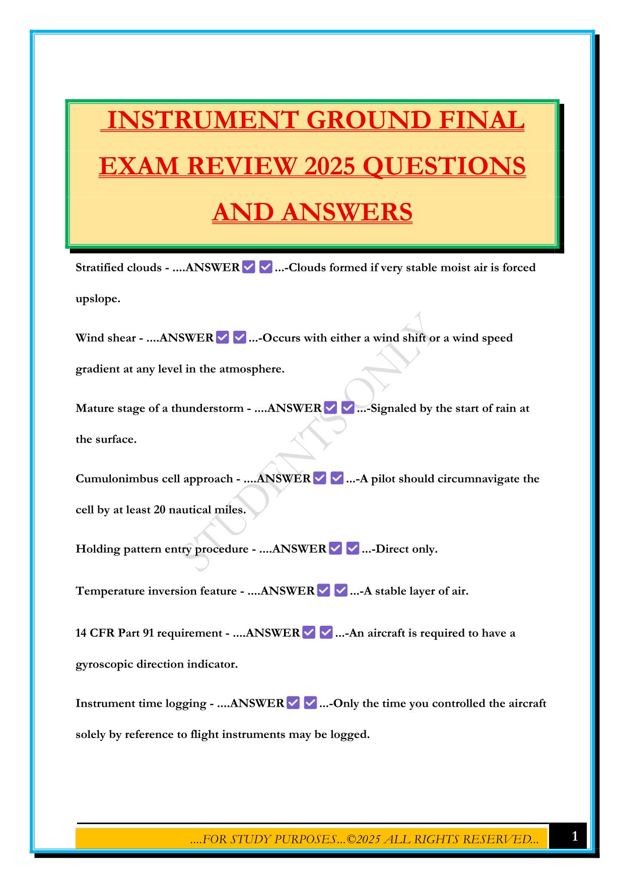 INSTRUMENT GROUND FINAL EXAM REVIEW 2025 QUESTIONS AND ANSWERS