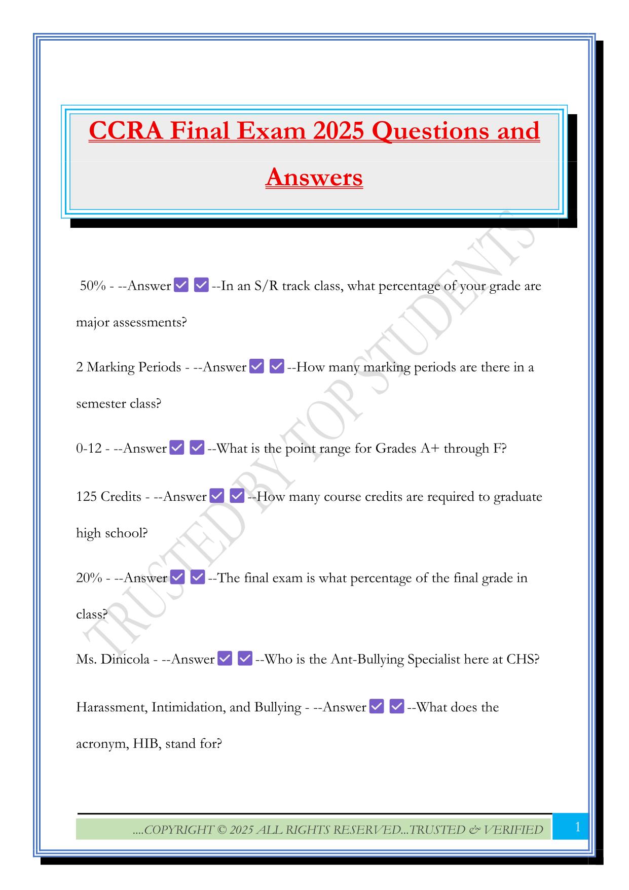 CCRA Final Exam 2025 Questions and Answers