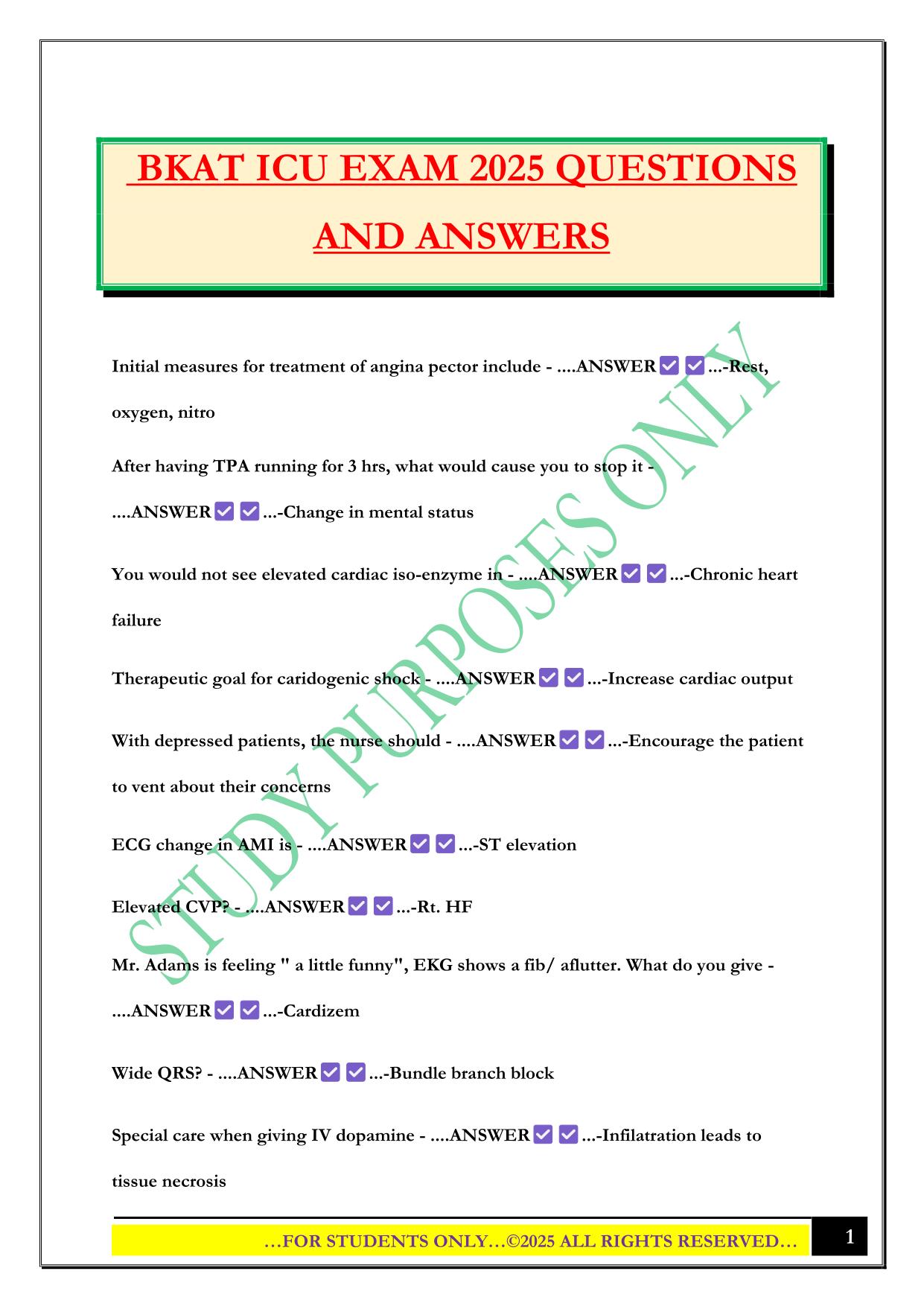 BKAT ICU EXAM 2025 QUESTIONS AND ANSWERS
