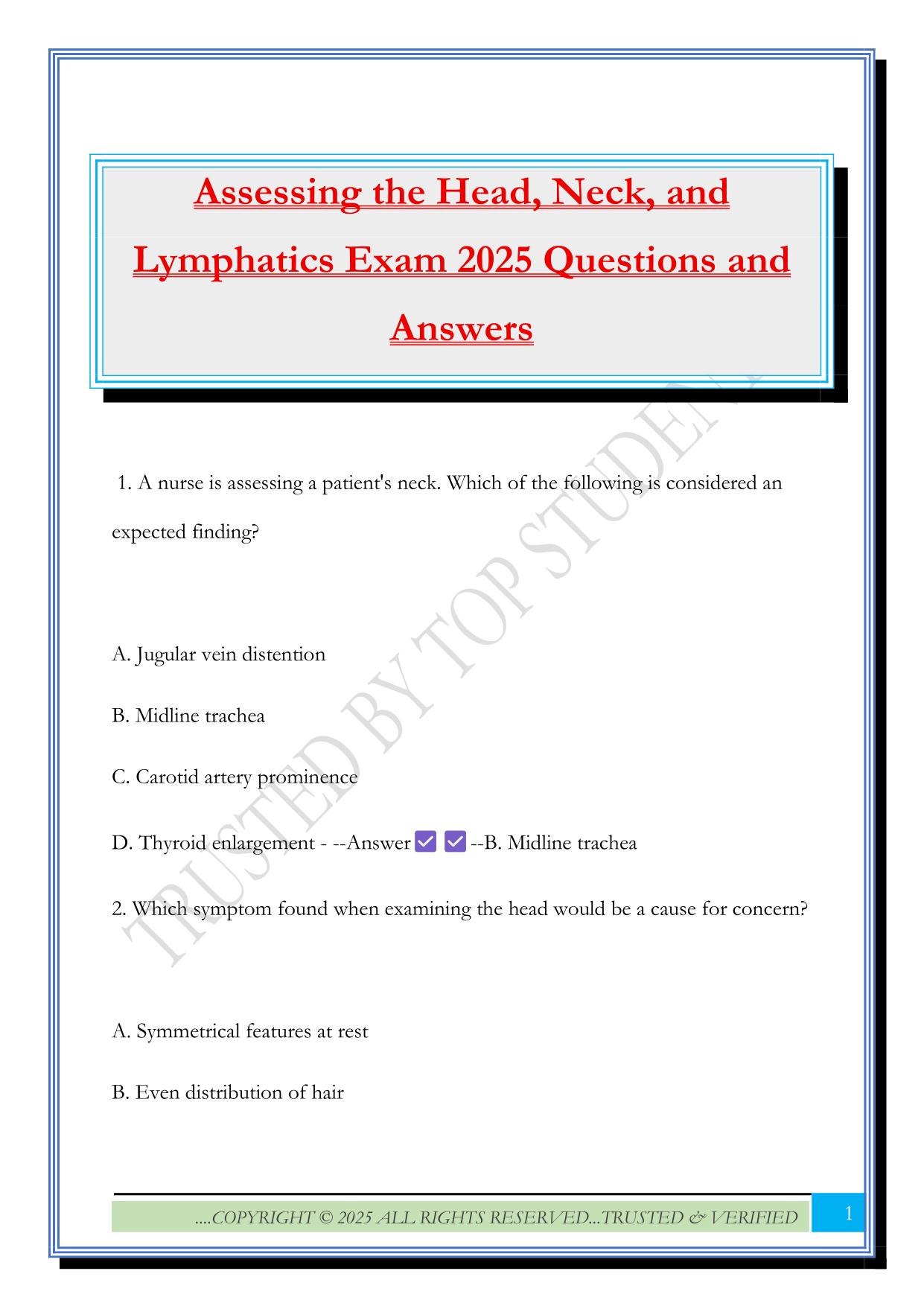 Assessing the Head, Neck, and Lymphatics Exam 2025 Questions and Answers