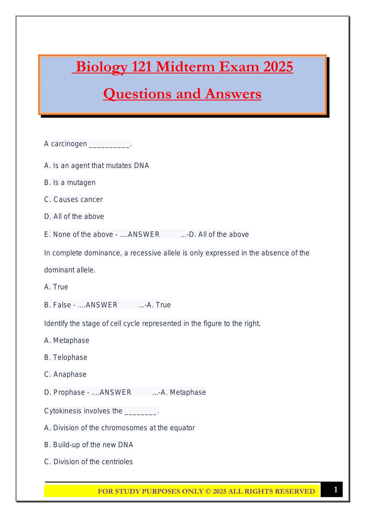 Biology 121 Midterm Exam 2025 Questions and Answers
