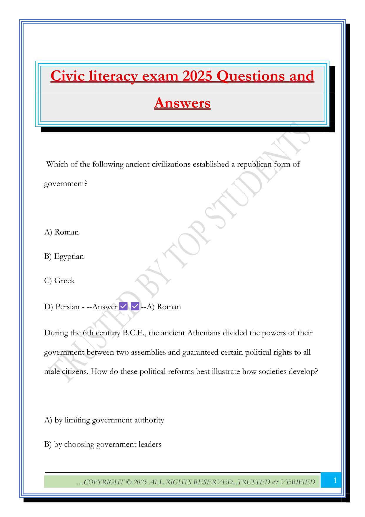 Civic literacy exam 2025 Questions and Answers