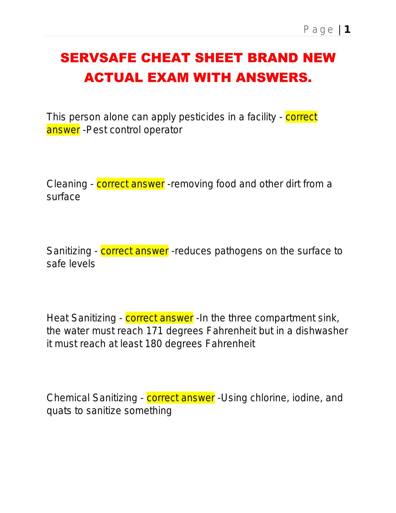 SERVSAFE CHEAT SHEET BRAND NEW ACTUAL EXAM WITH ANSWERS.