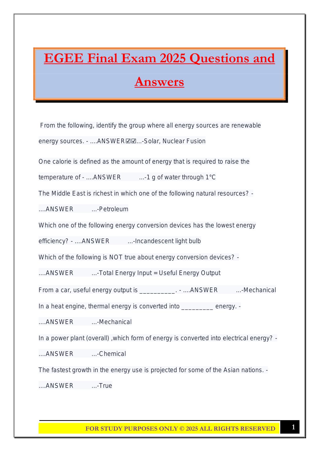 EGEE Final Exam 2025 Questions and Answers