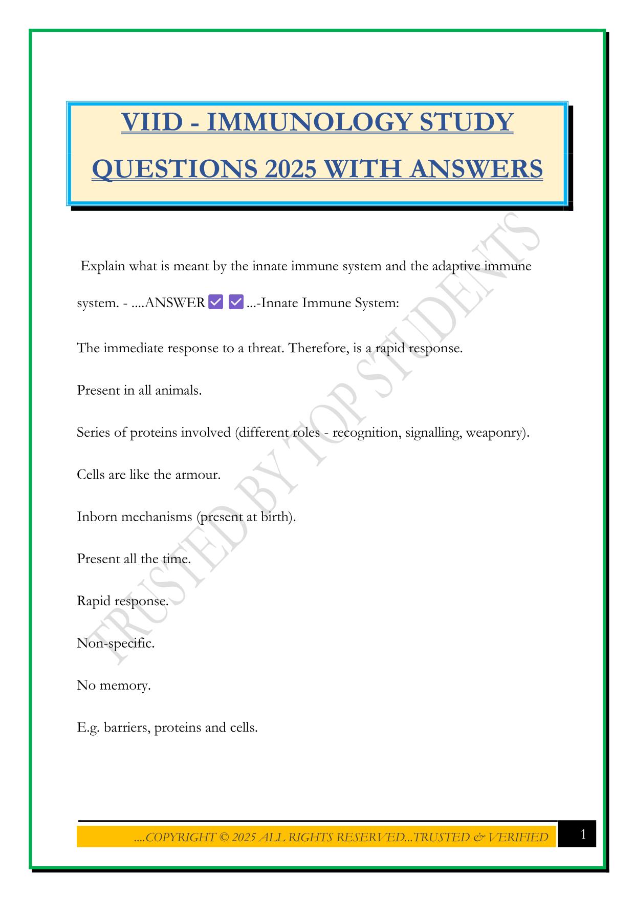 VIID - IMMUNOLOGY STUDY QUESTIONS 2025 WITH ANSWERS