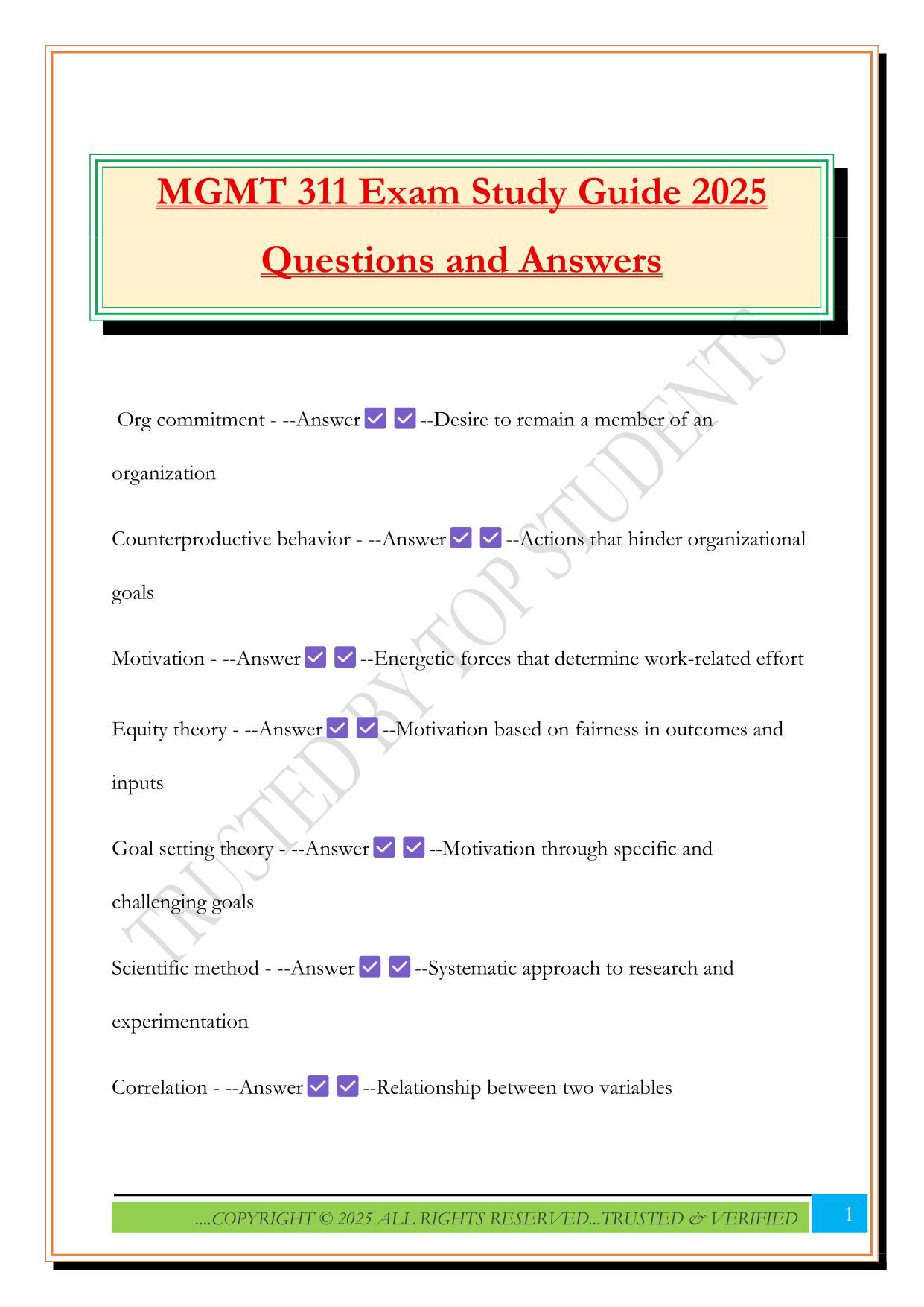 MGMT 311 Exam Study Guide 2025 Questions and Answers