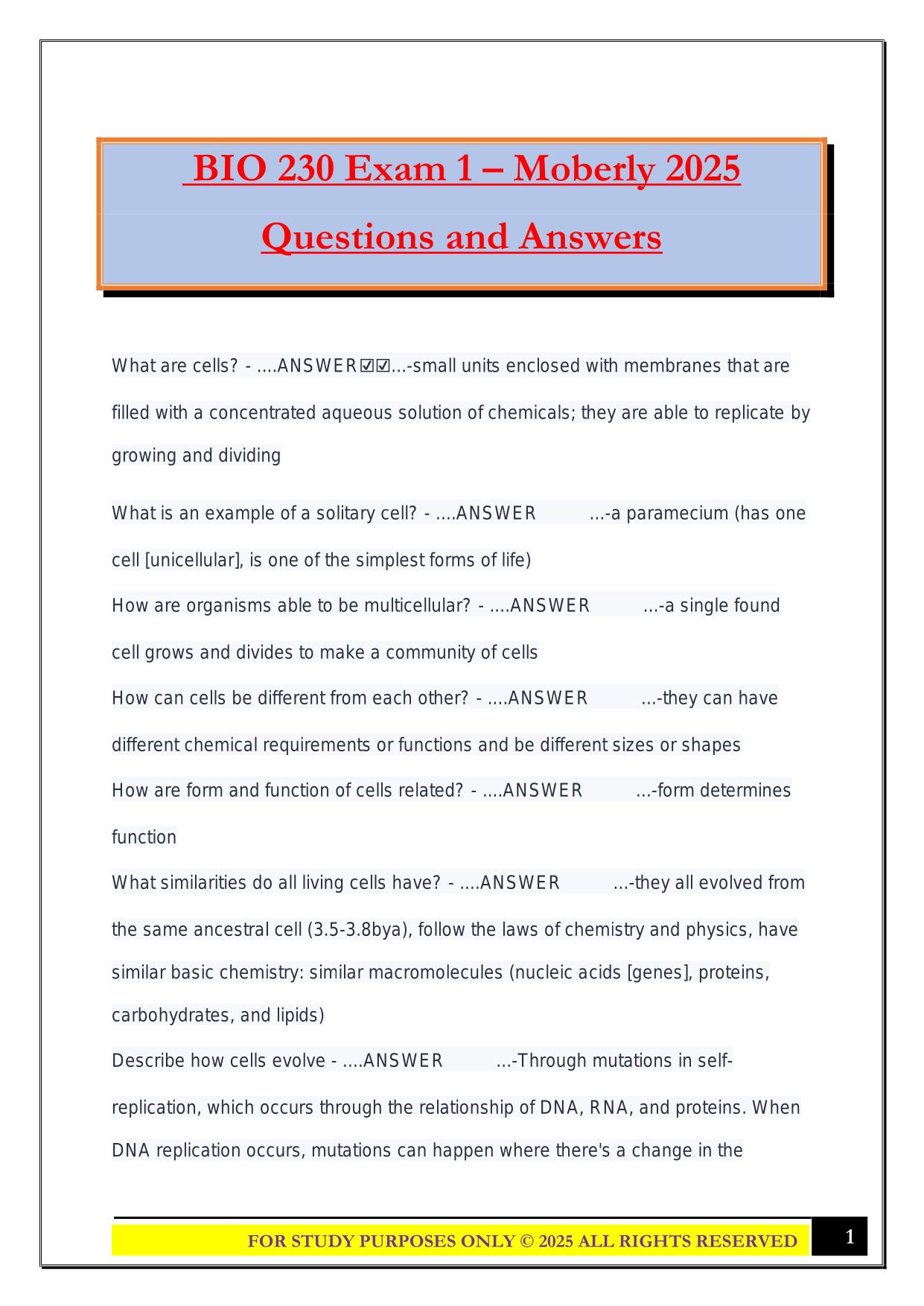 BIO 230 Exam 1 – Moberly 2025 Questions and Answers