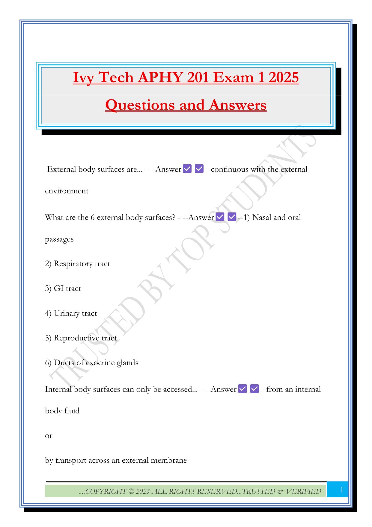 Ivy Tech APHY 201 Exam 1 2025 Questions and Answers