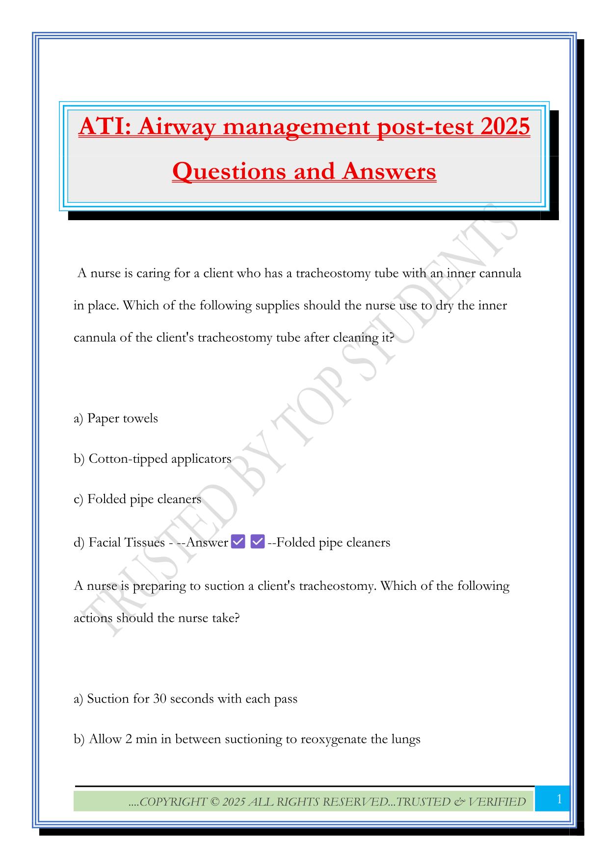 ATI: Airway management post-test 2025 Questions and Answers