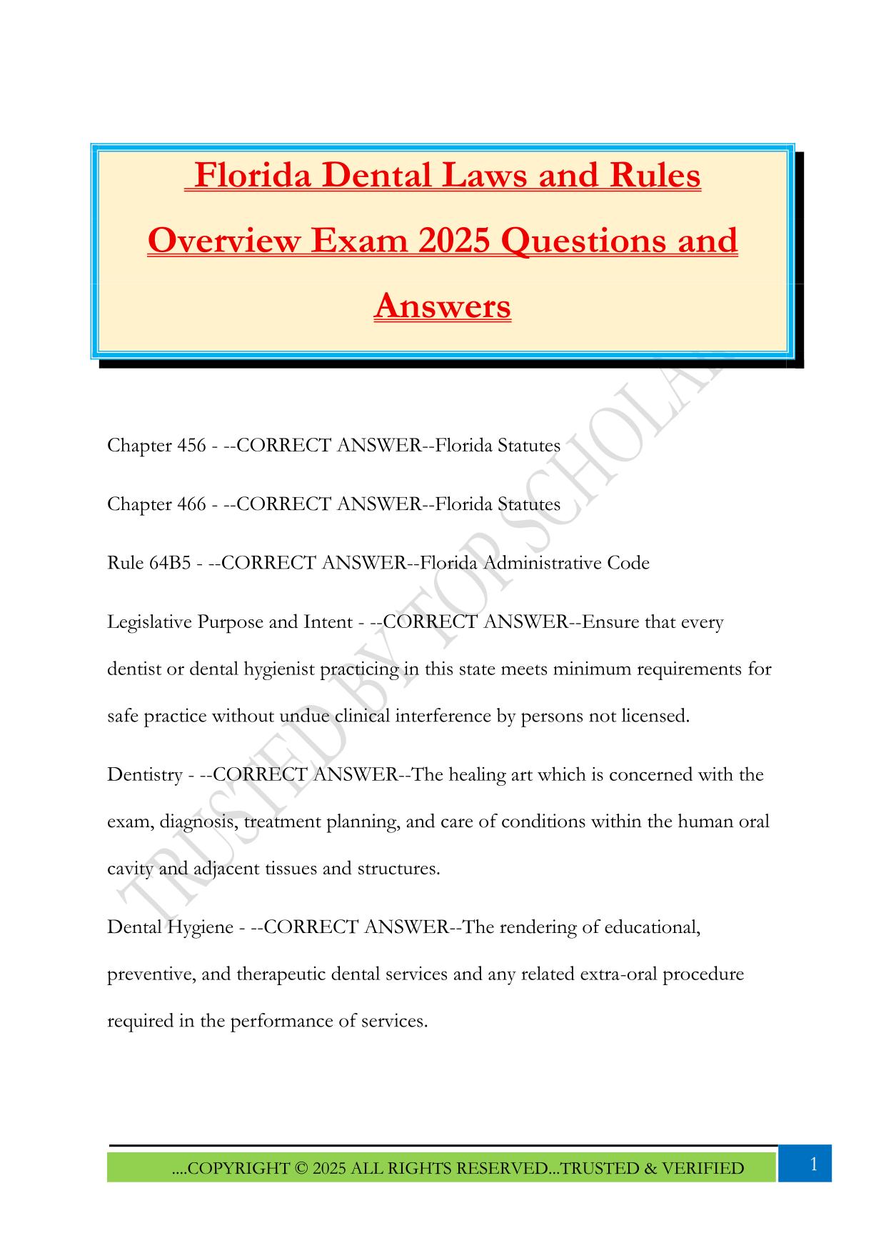 Florida Dental Laws and Rules Overview Exam 2025 Questions and Answers