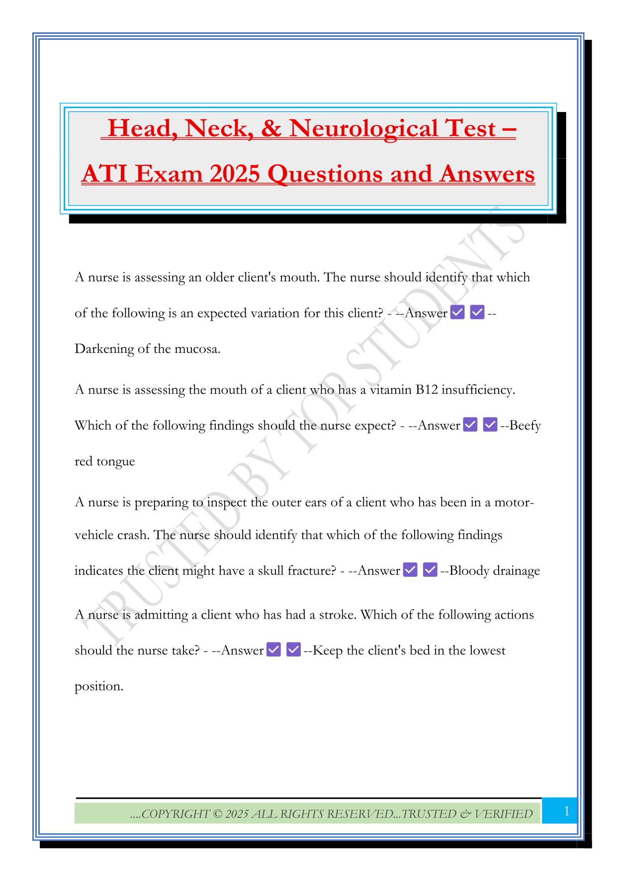 Head, Neck, & Neurological Test – ATI Exam 2025 Questions and Answers