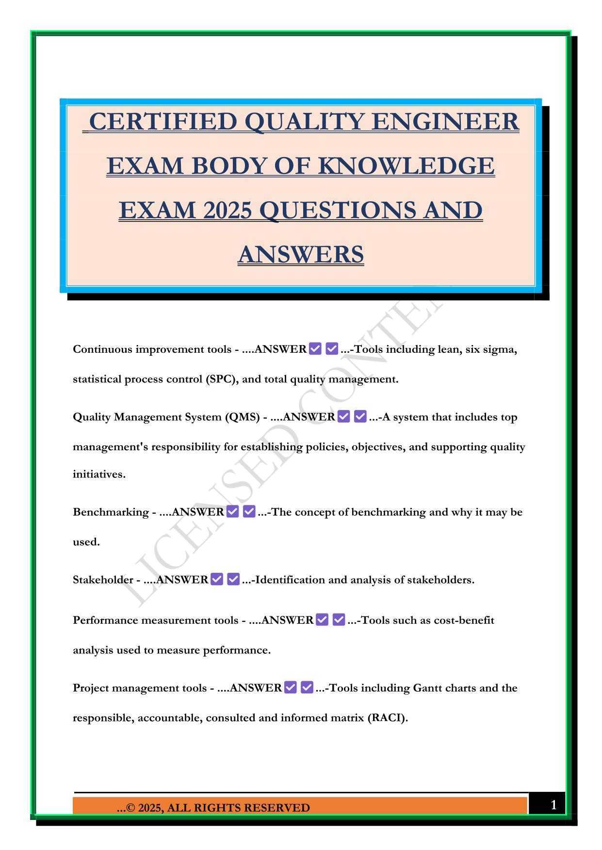 CERTIFIED QUALITY ENGINEER EXAM BODY OF KNOWLEDGE EXAM 2025 QUESTIONS AND ANSWERS