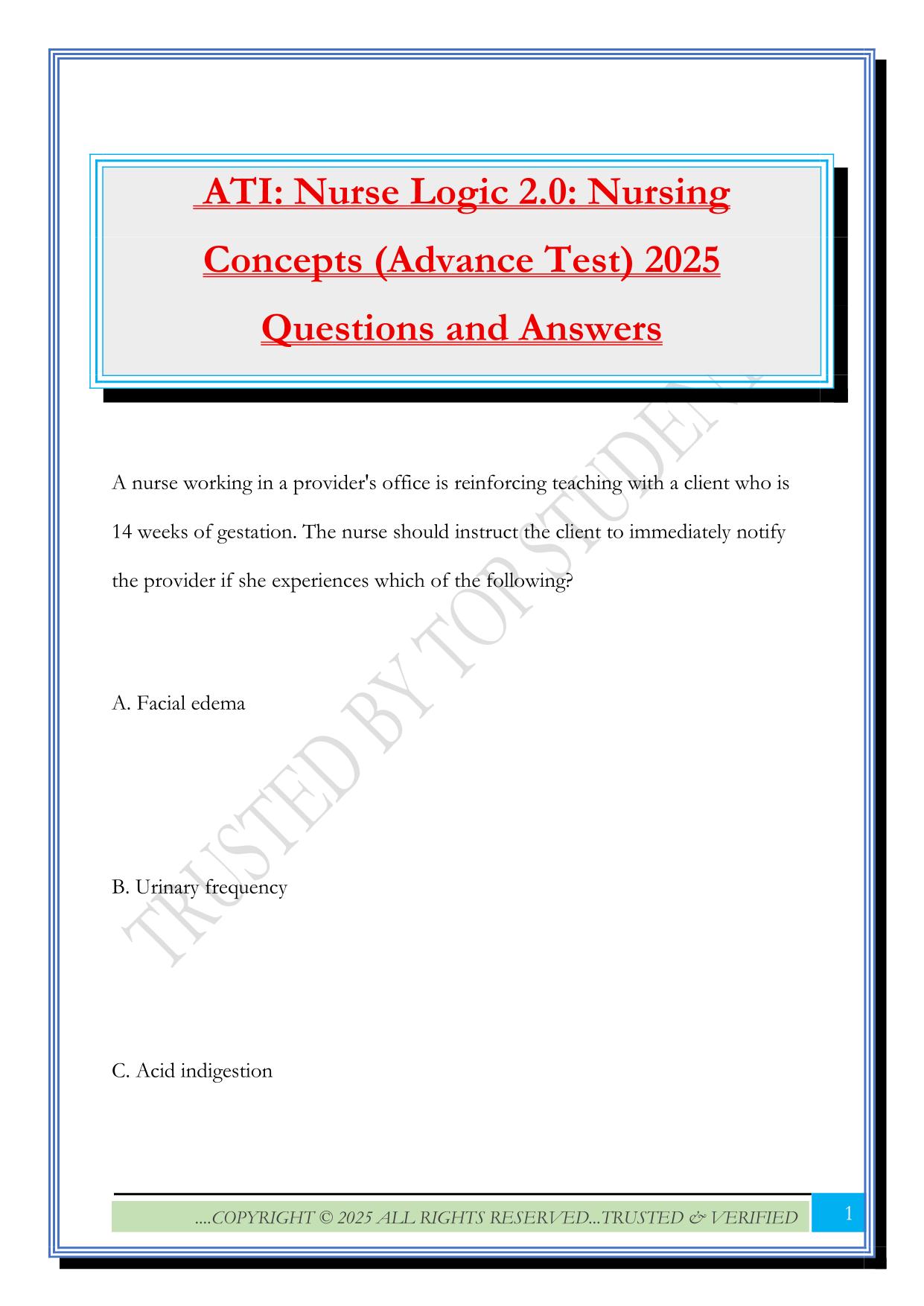 ATI: Nurse Logic 2.0: Nursing Concepts (Advance Test) 2025 Questions and Answers
