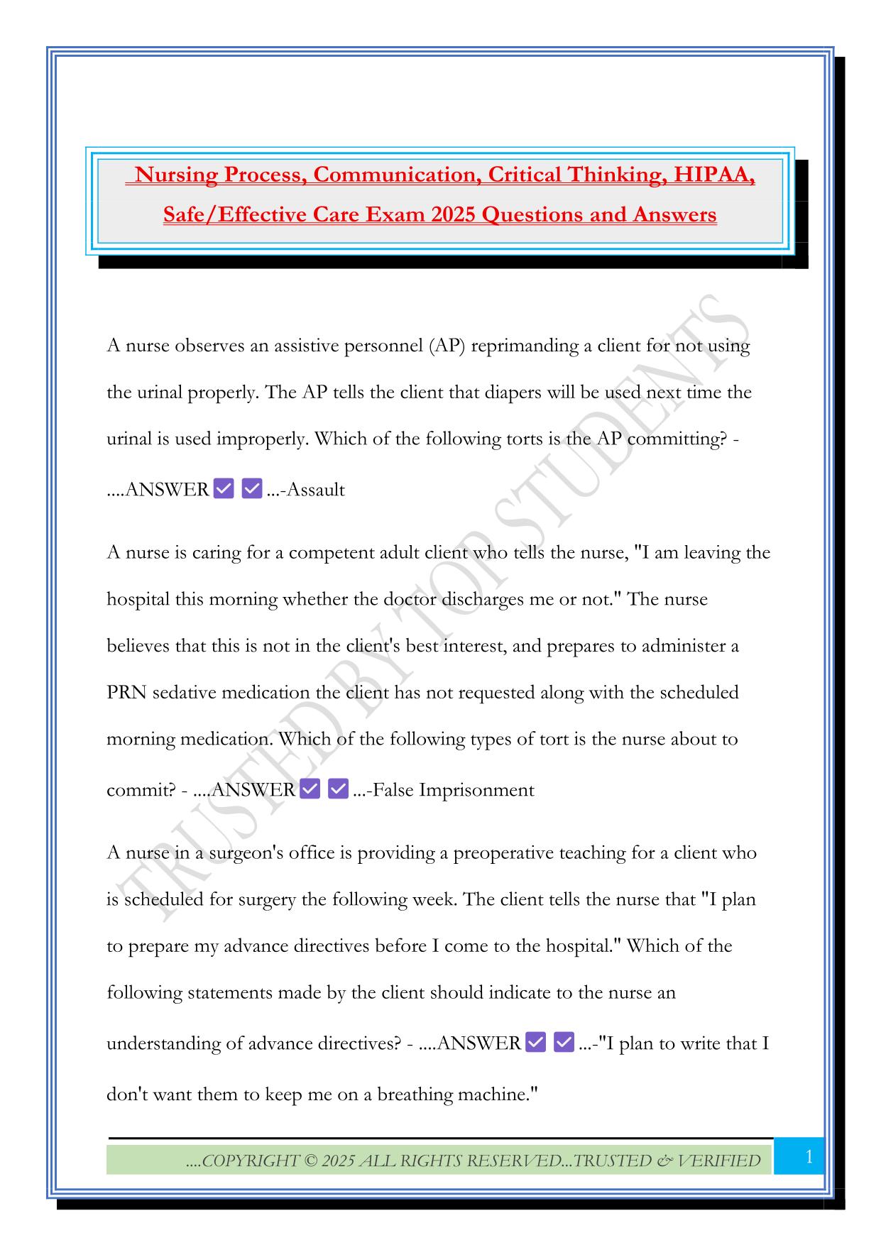 Nursing Process, Communication, Critical Thinking, HIPAA, Safe/Effective Care Exam 2025 Questions and Answers