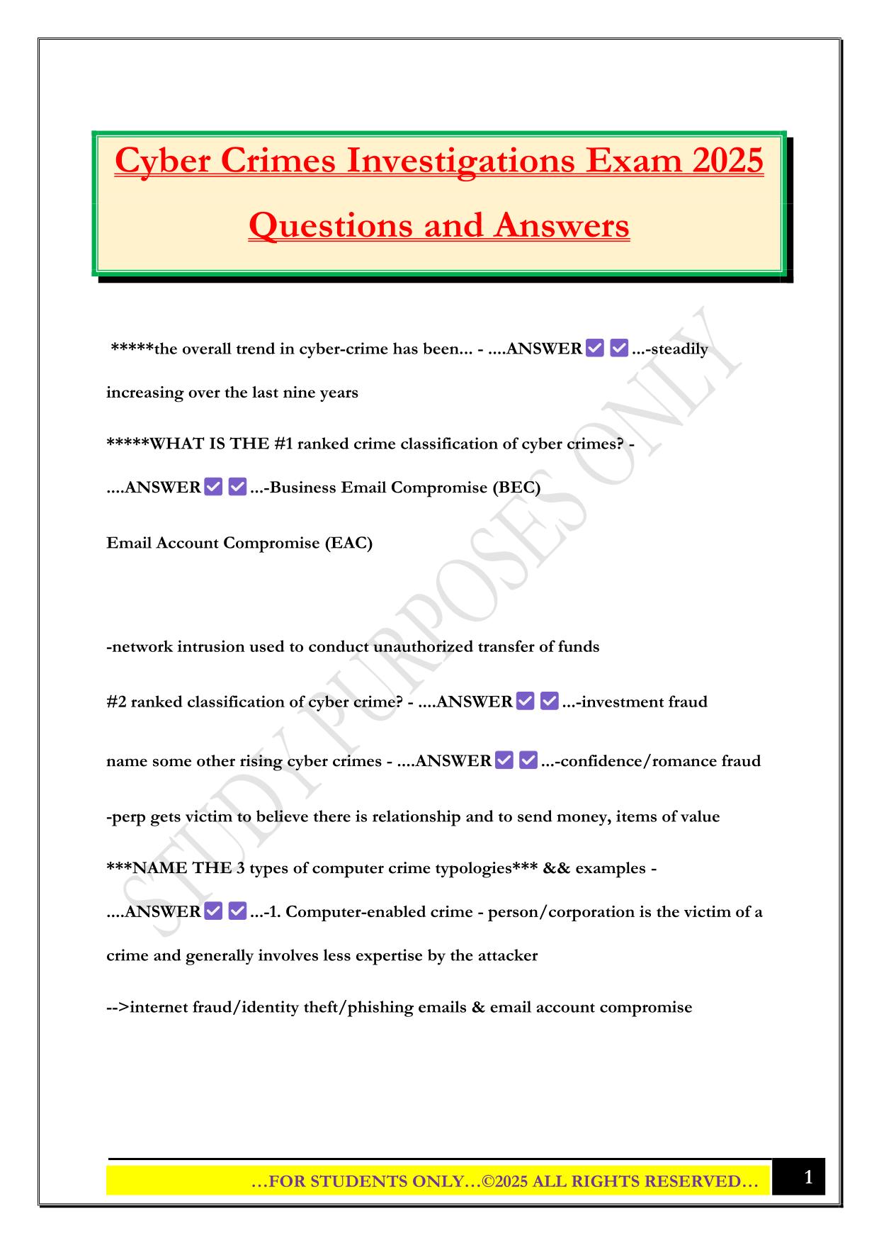 Cyber Crimes Investigations Exam 2025 Questions and Answers