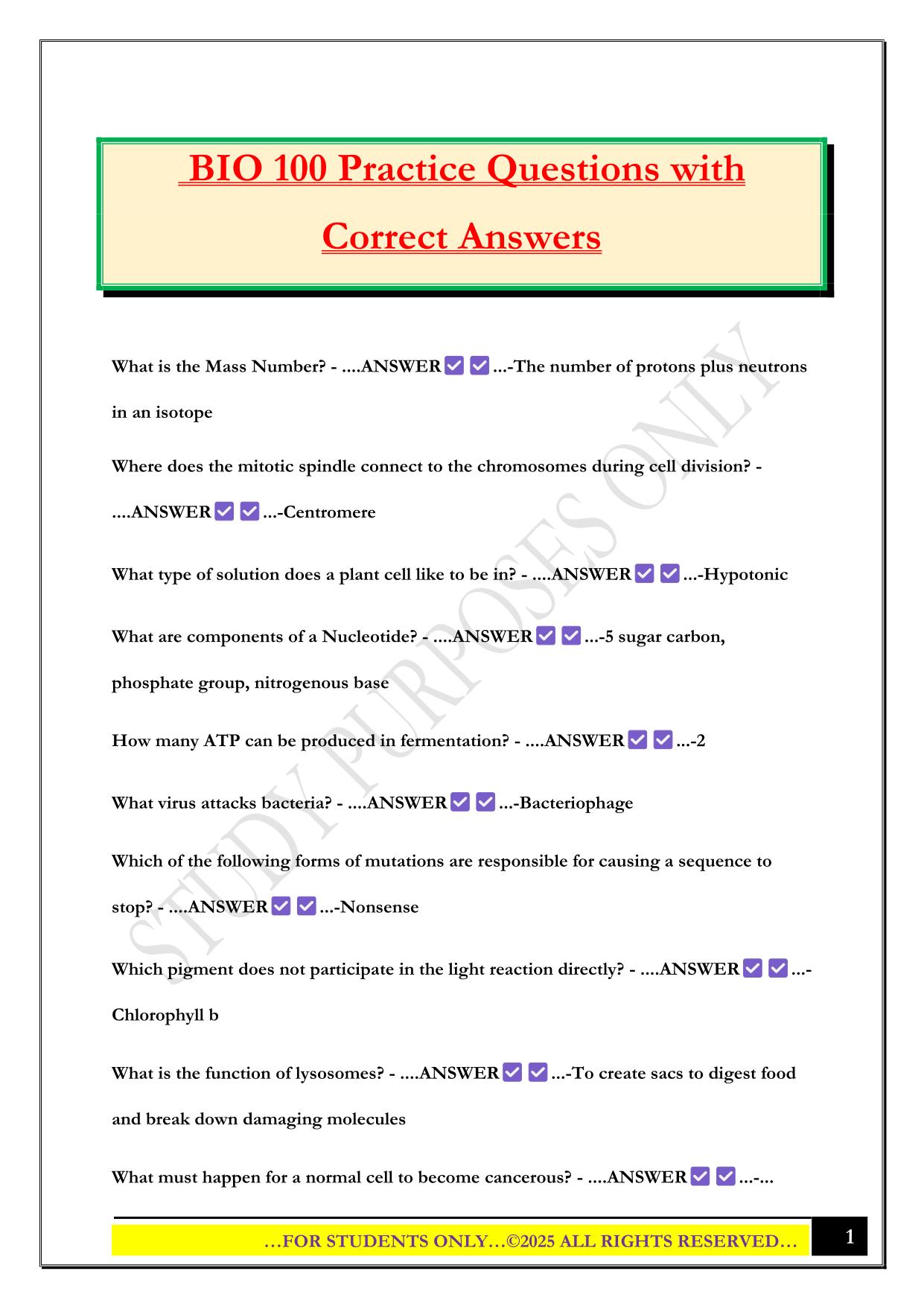 BIO 100 Practice Questions with Correct Answers