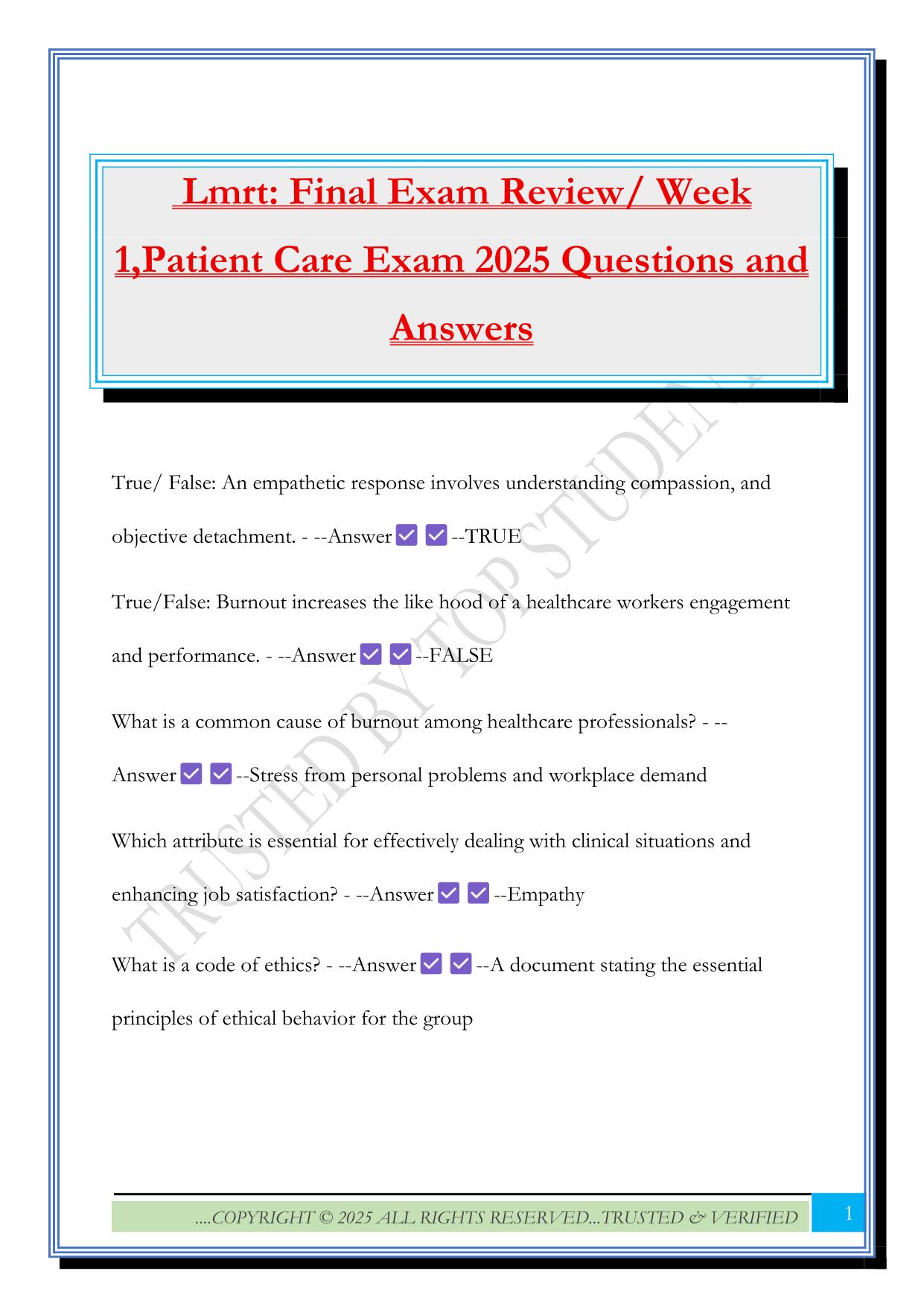 Lmrt: Final Exam Review/ Week 1,Patient Care Exam 2025 Questions and Answers
