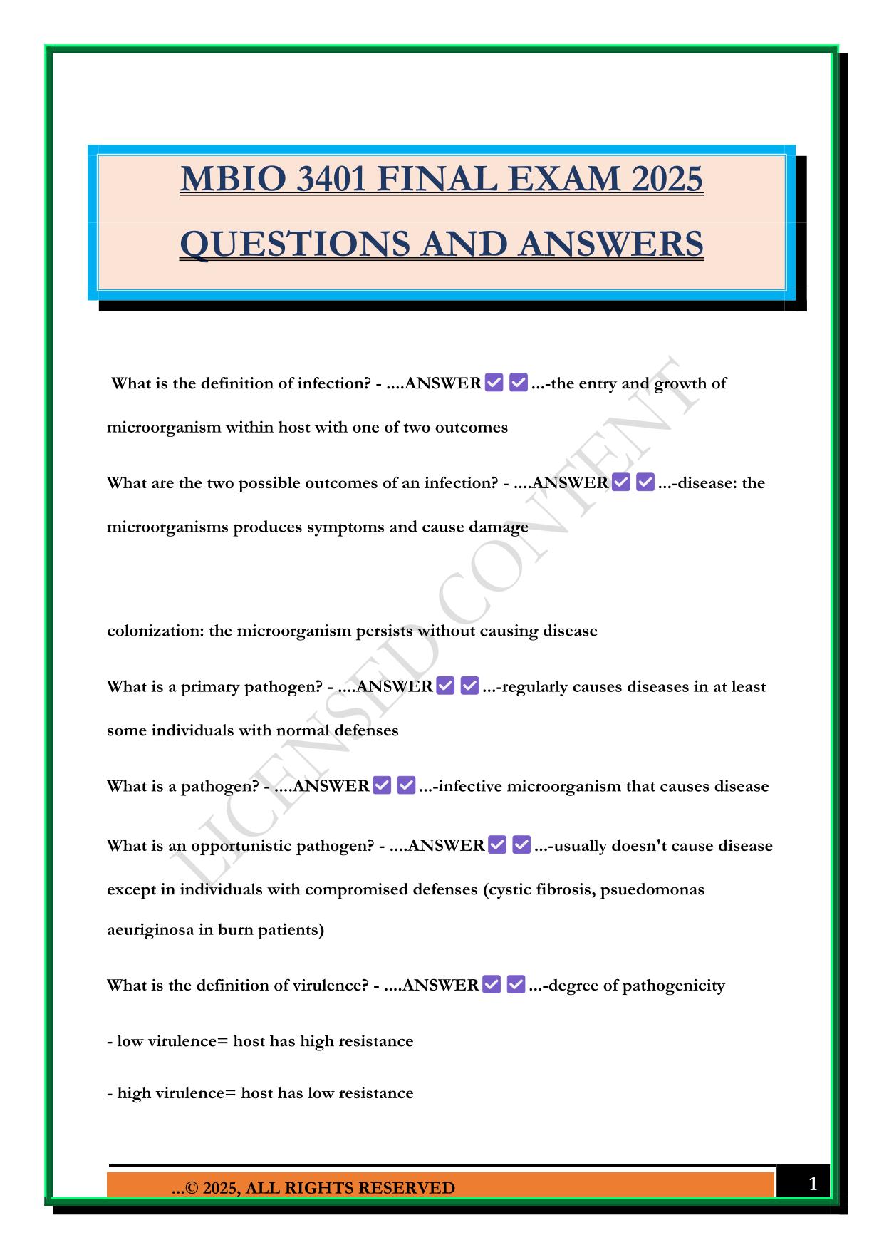 MBIO 3401 FINAL EXAM 2025 QUESTIONS AND ANSWERS